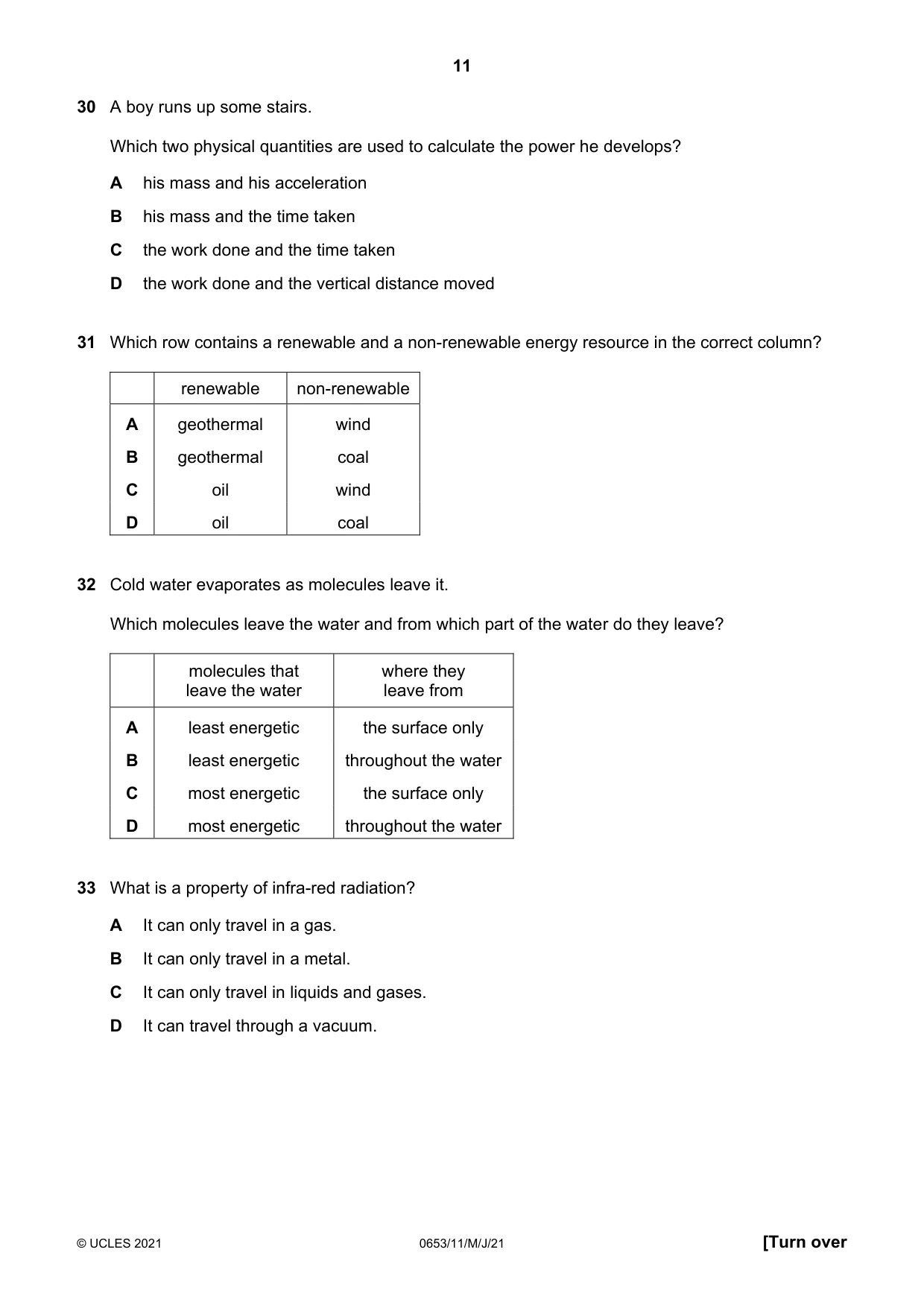 Cambridge IGCSE Science - Combined 0653 2021 May/June Paper 1 · Variant 1 question paper, page 11 of 16