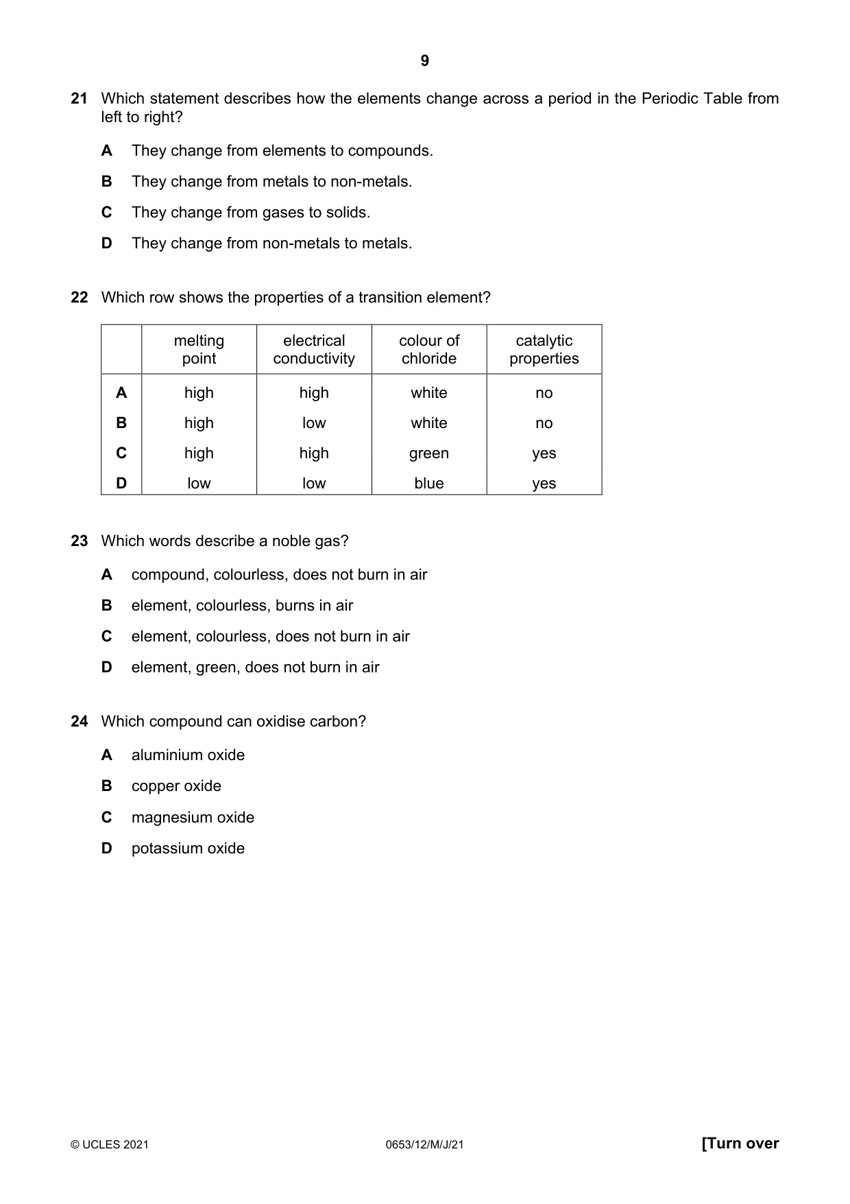 Cambridge IGCSE Science - Combined 0653 2021 May/June Paper 1 · Variant 2 question paper, page 9 of 16