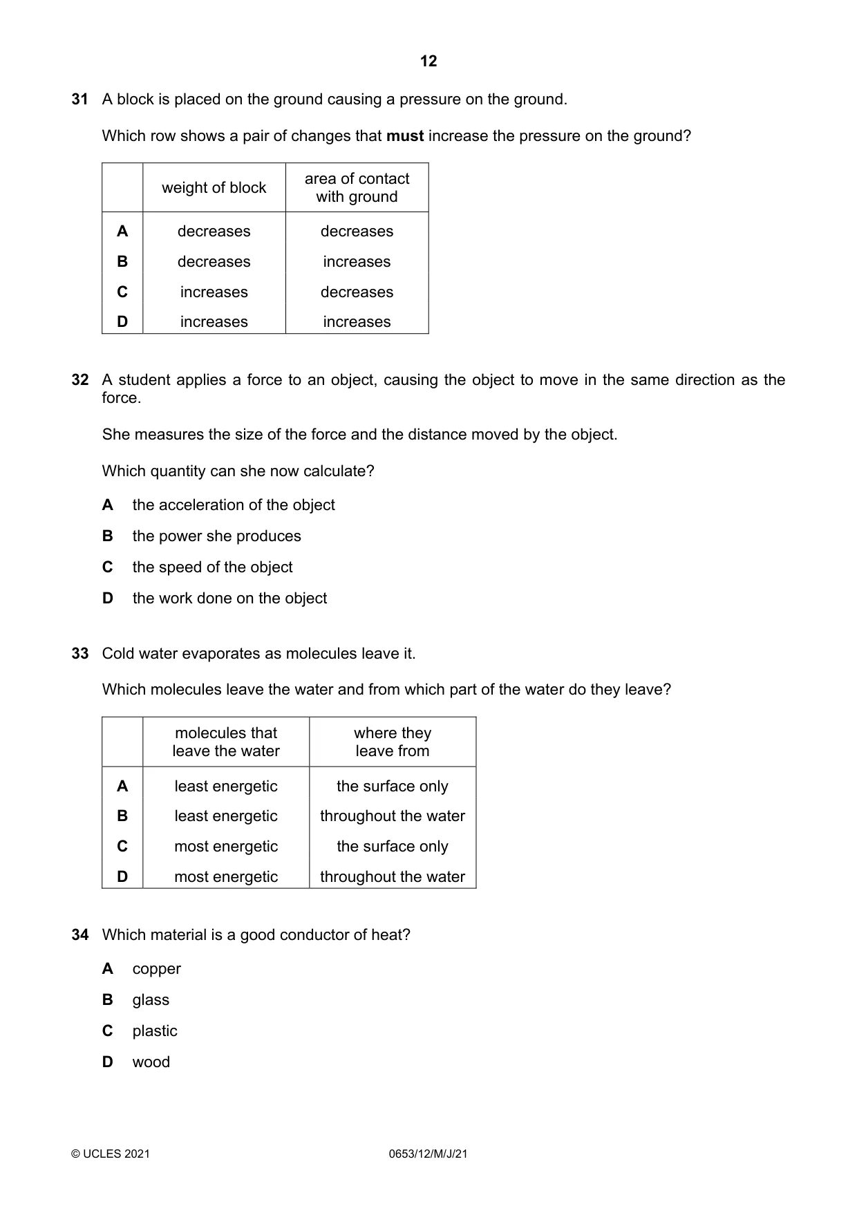 Cambridge IGCSE Science - Combined 0653 2021 May/June Paper 1 · Variant 2 question paper, page 12 of 16