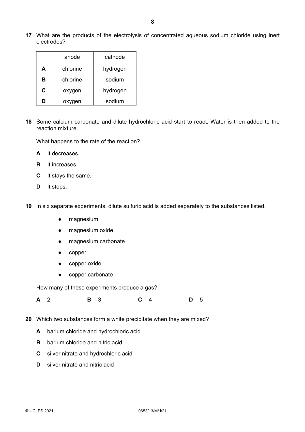 Cambridge IGCSE Science - Combined 0653 2021 May/June Paper 1 · Variant 3 question paper, page 8 of 20