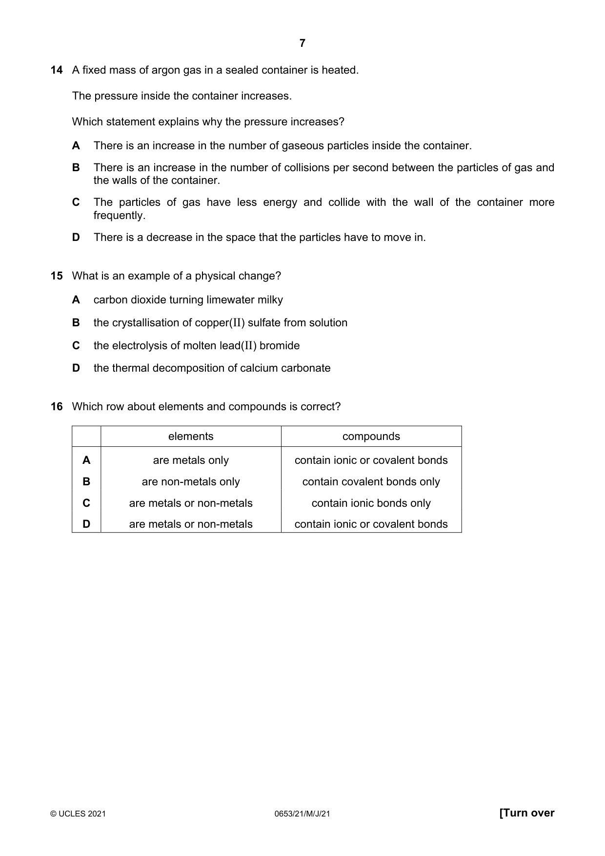 Cambridge IGCSE Science - Combined 0653 2021 May/June Paper 2 · Variant 1 question paper, page 7 of 16