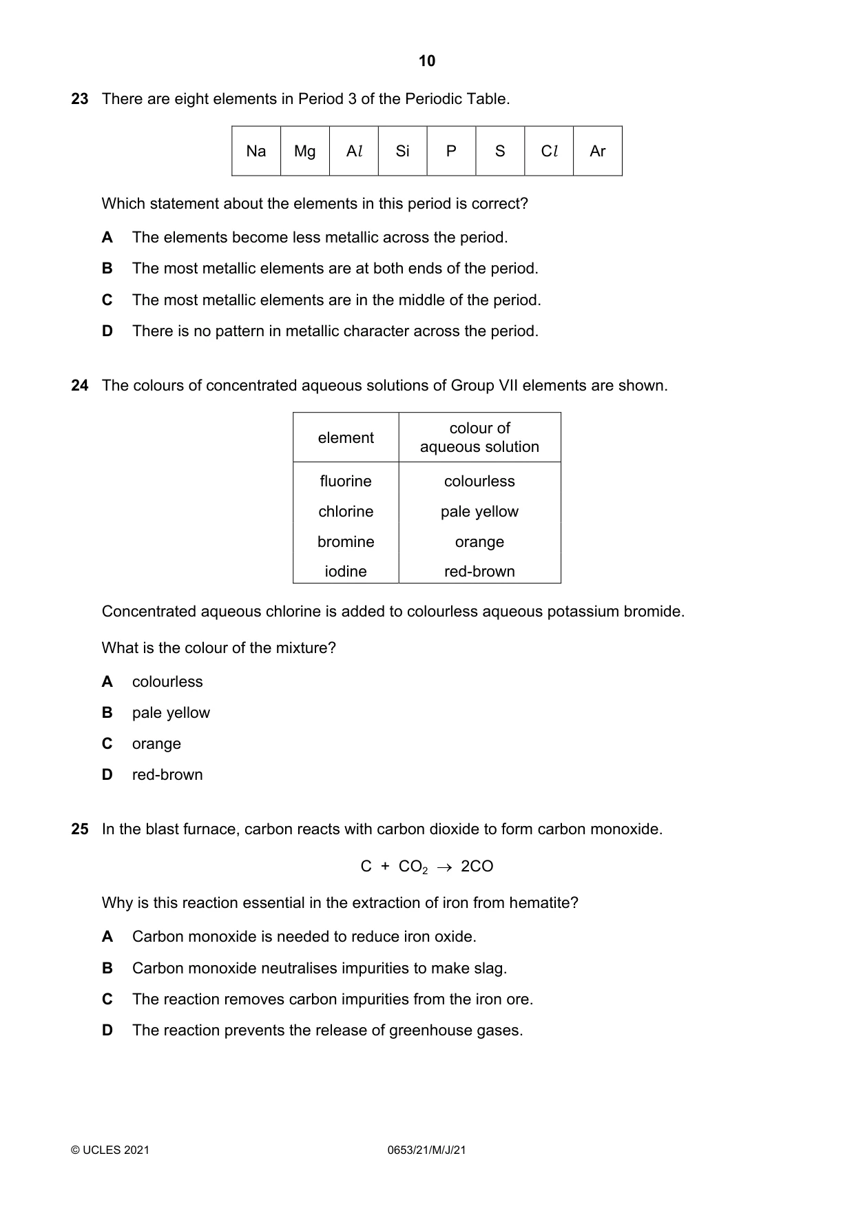 Cambridge IGCSE Science - Combined 0653 2021 May/June Paper 2 · Variant 1 question paper, page 10 of 16