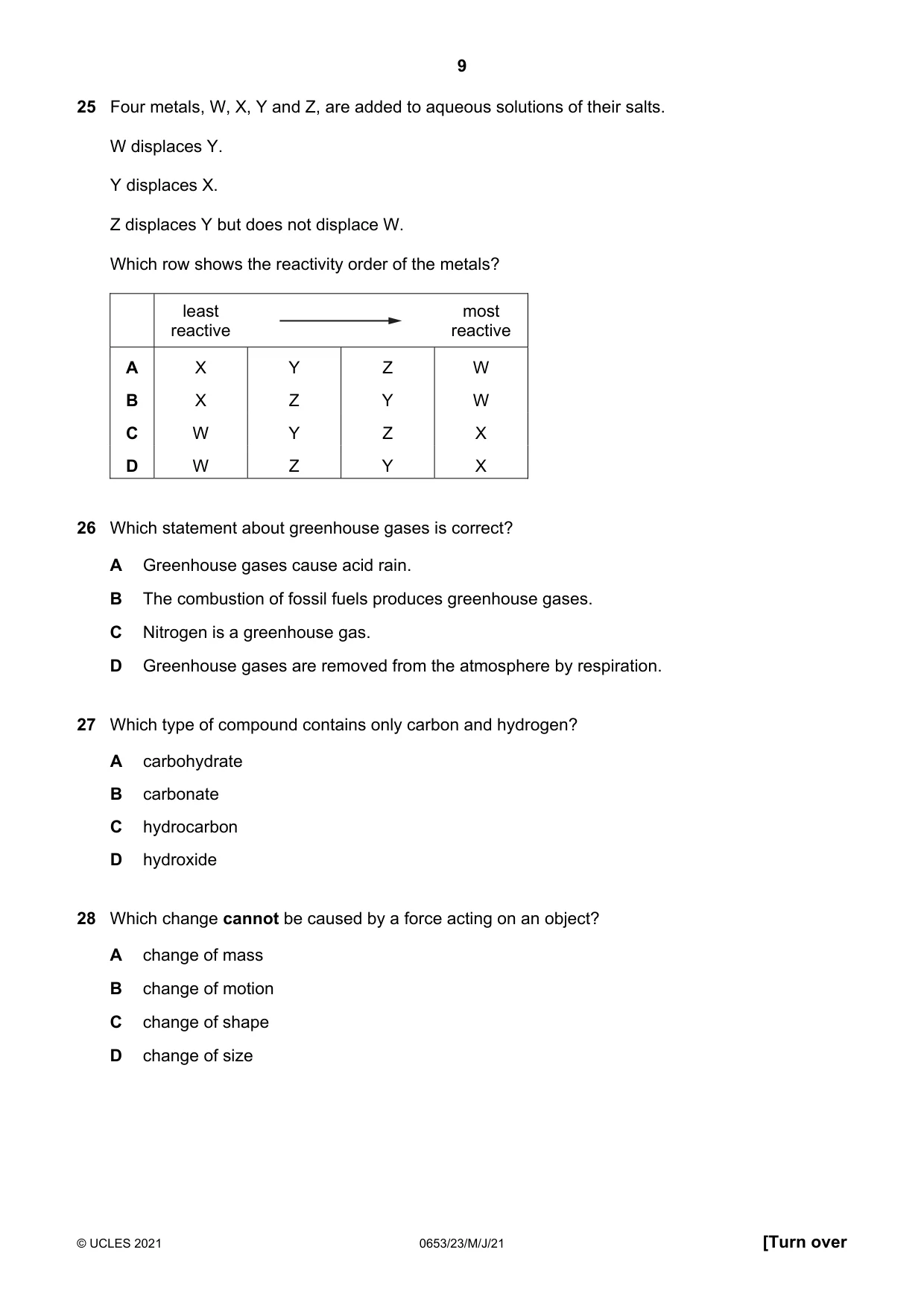 Cambridge IGCSE Science - Combined 0653 2021 May/June Paper 2 · Variant 3 question paper, page 9 of 16