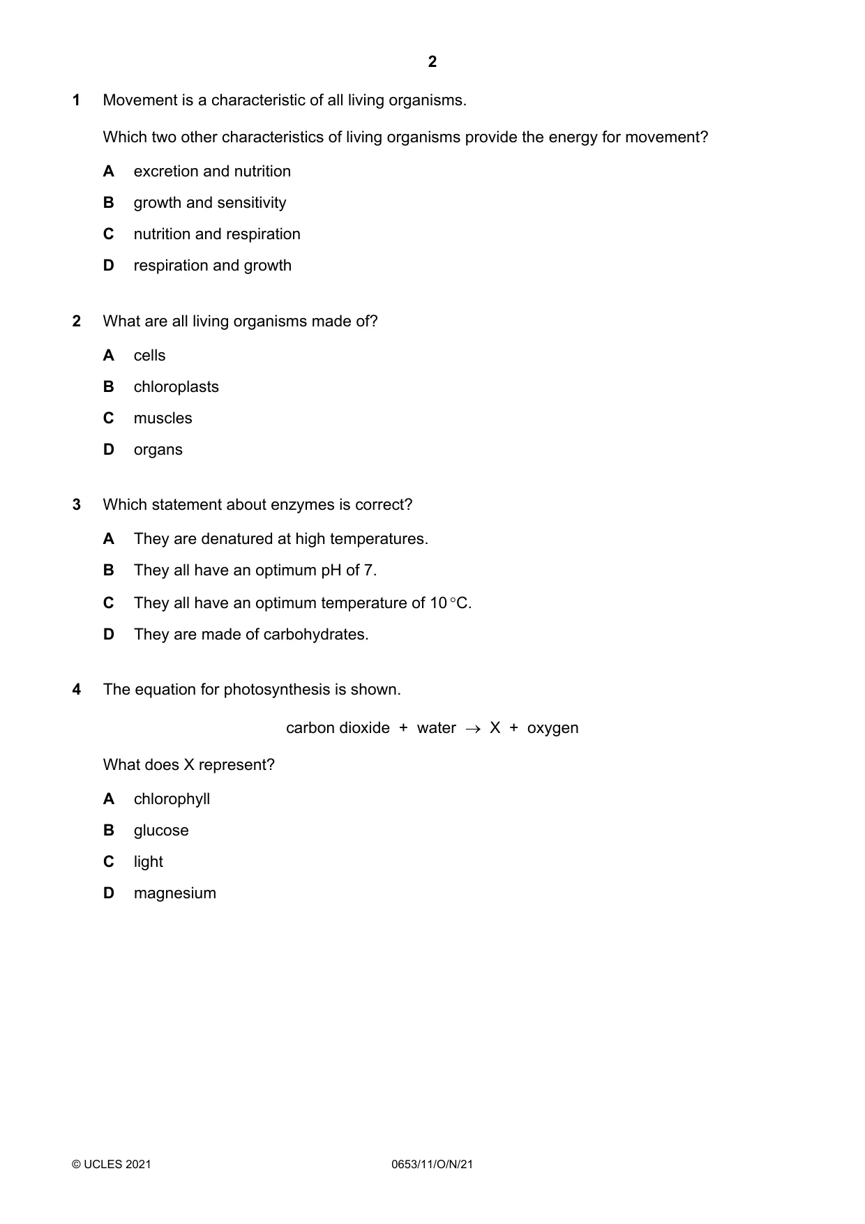 Cambridge IGCSE Science - Combined 0653 2021 Oct/Nov Paper 1 · Variant 1 question paper, page 2 of 16