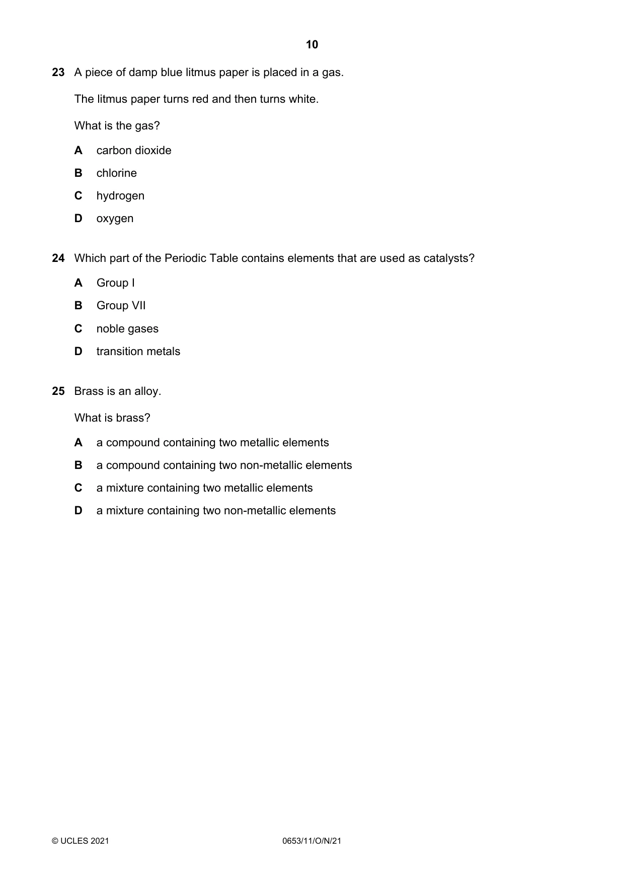 Cambridge IGCSE Science - Combined 0653 2021 Oct/Nov Paper 1 · Variant 1 question paper, page 10 of 16