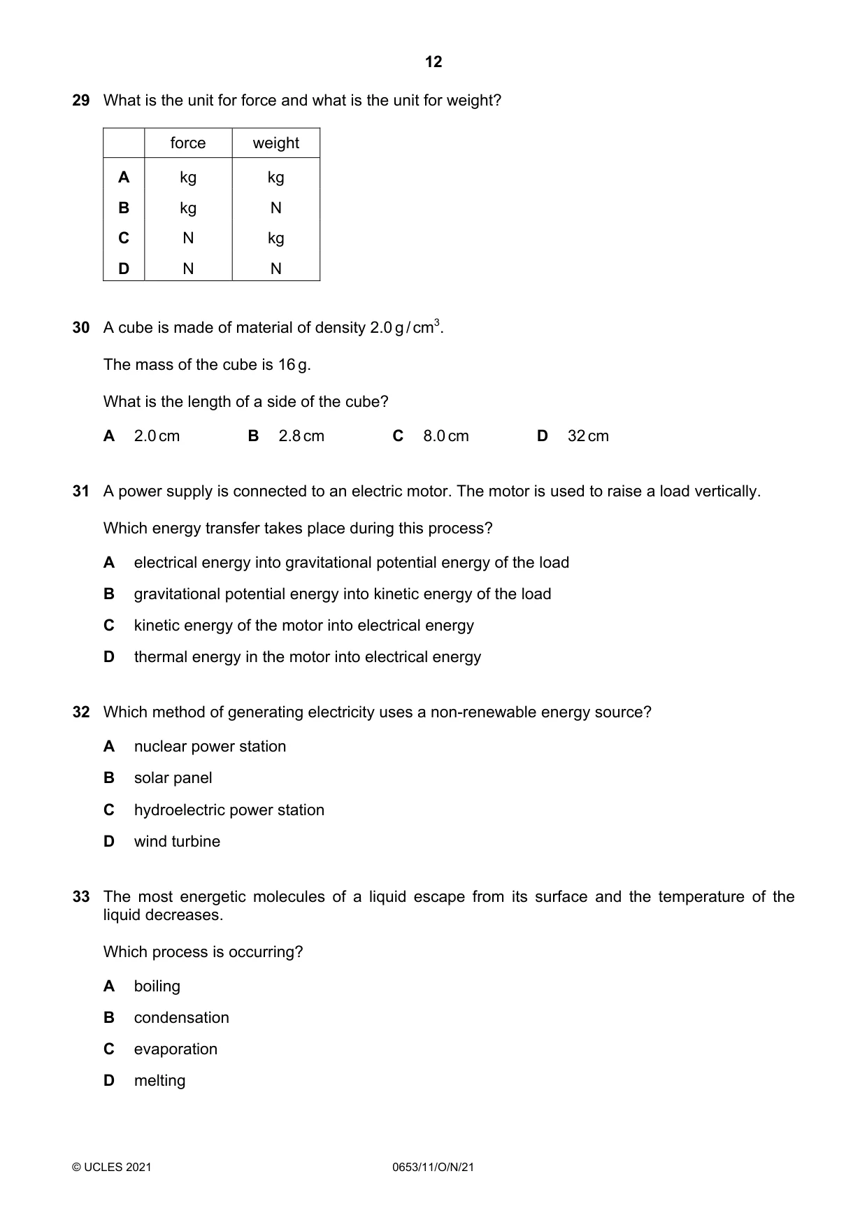 Cambridge IGCSE Science - Combined 0653 2021 Oct/Nov Paper 1 · Variant 1 question paper, page 12 of 16