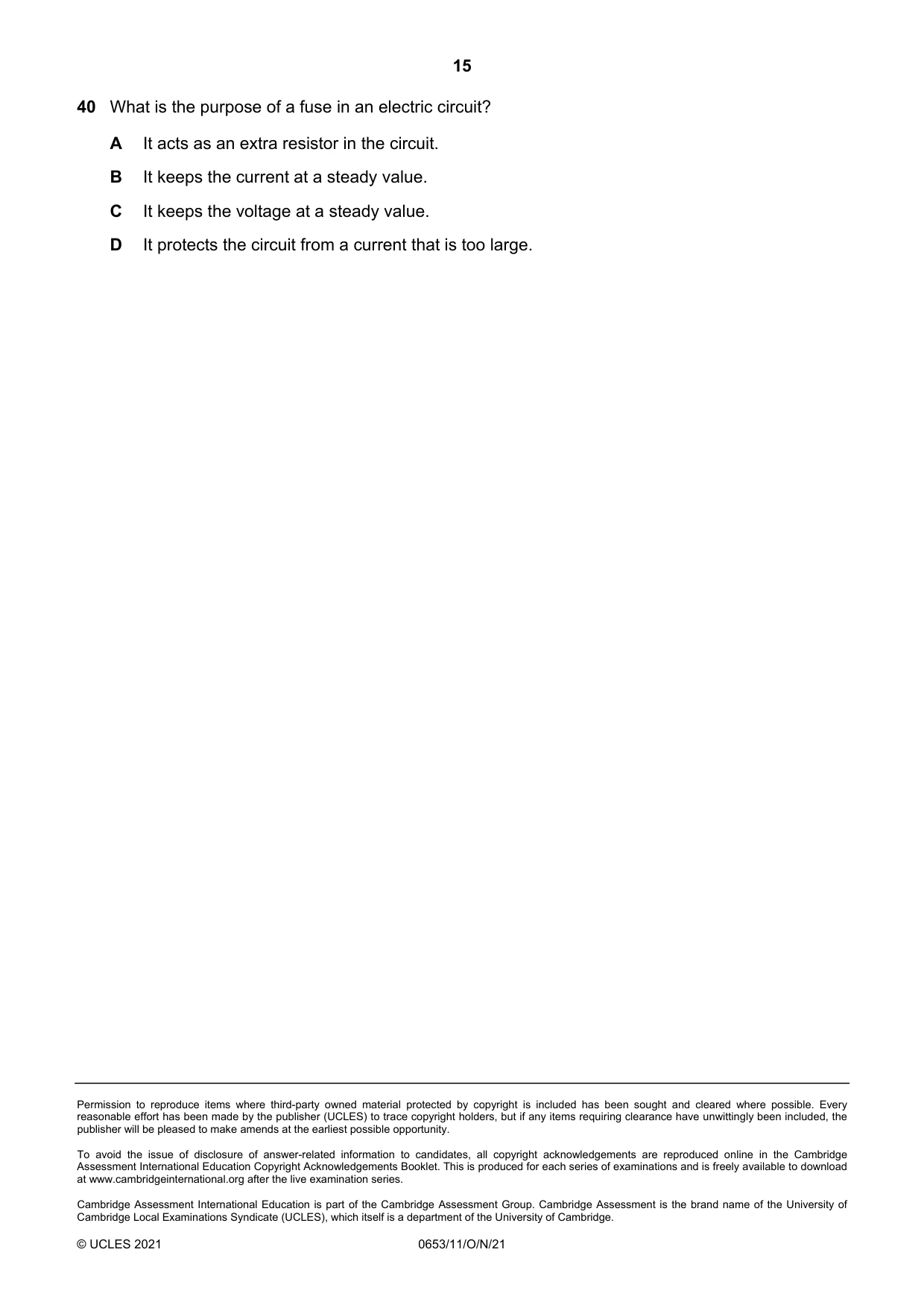 Cambridge IGCSE Science - Combined 0653 2021 Oct/Nov Paper 1 · Variant 1 question paper, page 15 of 16