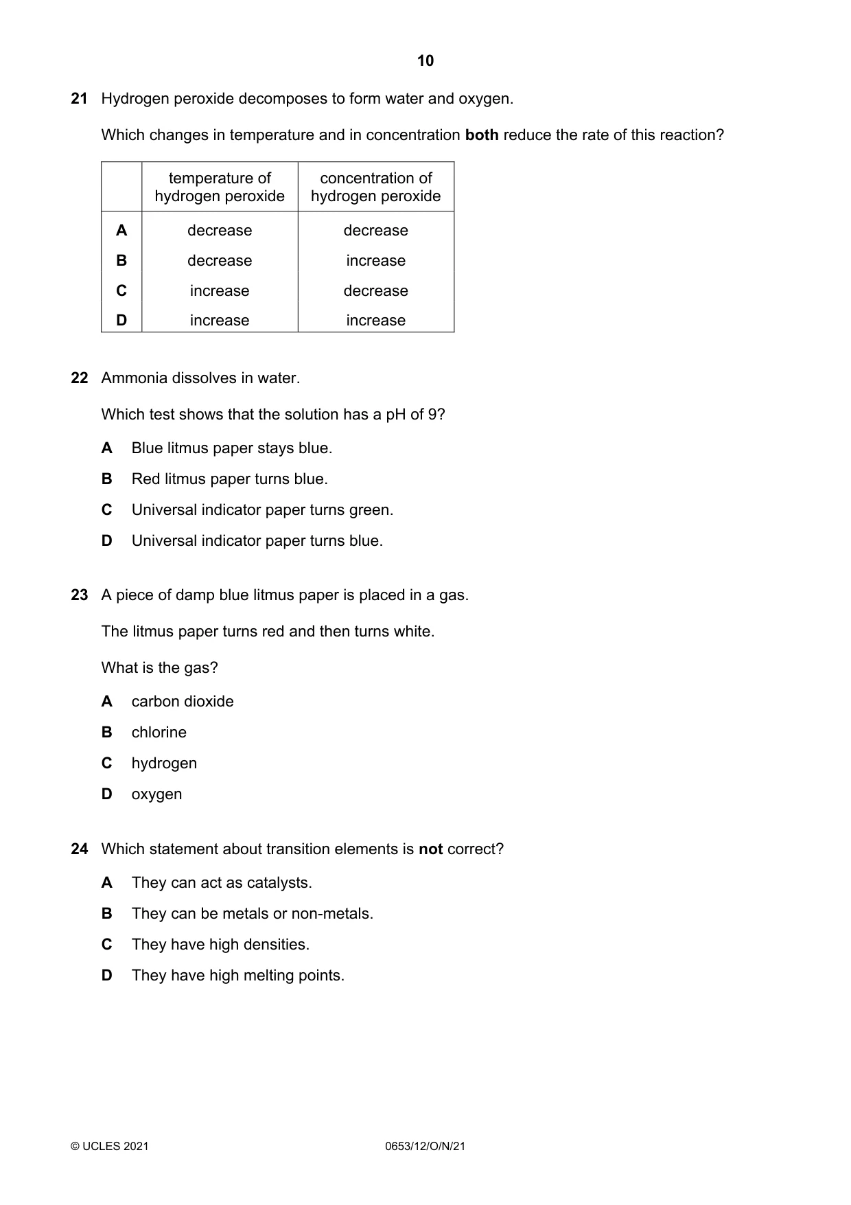 Cambridge IGCSE Science - Combined 0653 2021 Oct/Nov Paper 1 · Variant 2 question paper, page 10 of 20