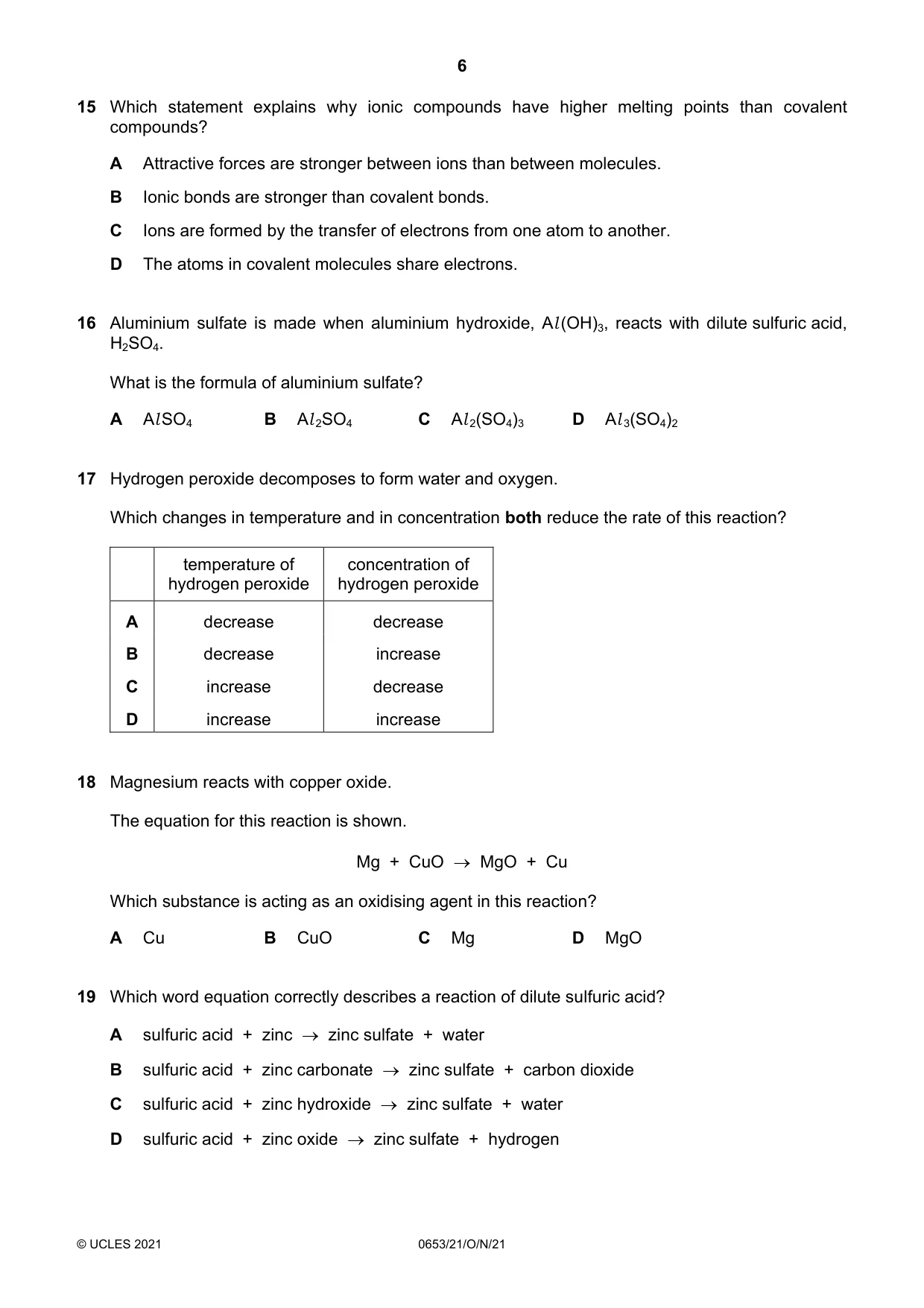 Cambridge IGCSE Science - Combined 0653 2021 Oct/Nov Paper 2 · Variant 1 question paper, page 6 of 16