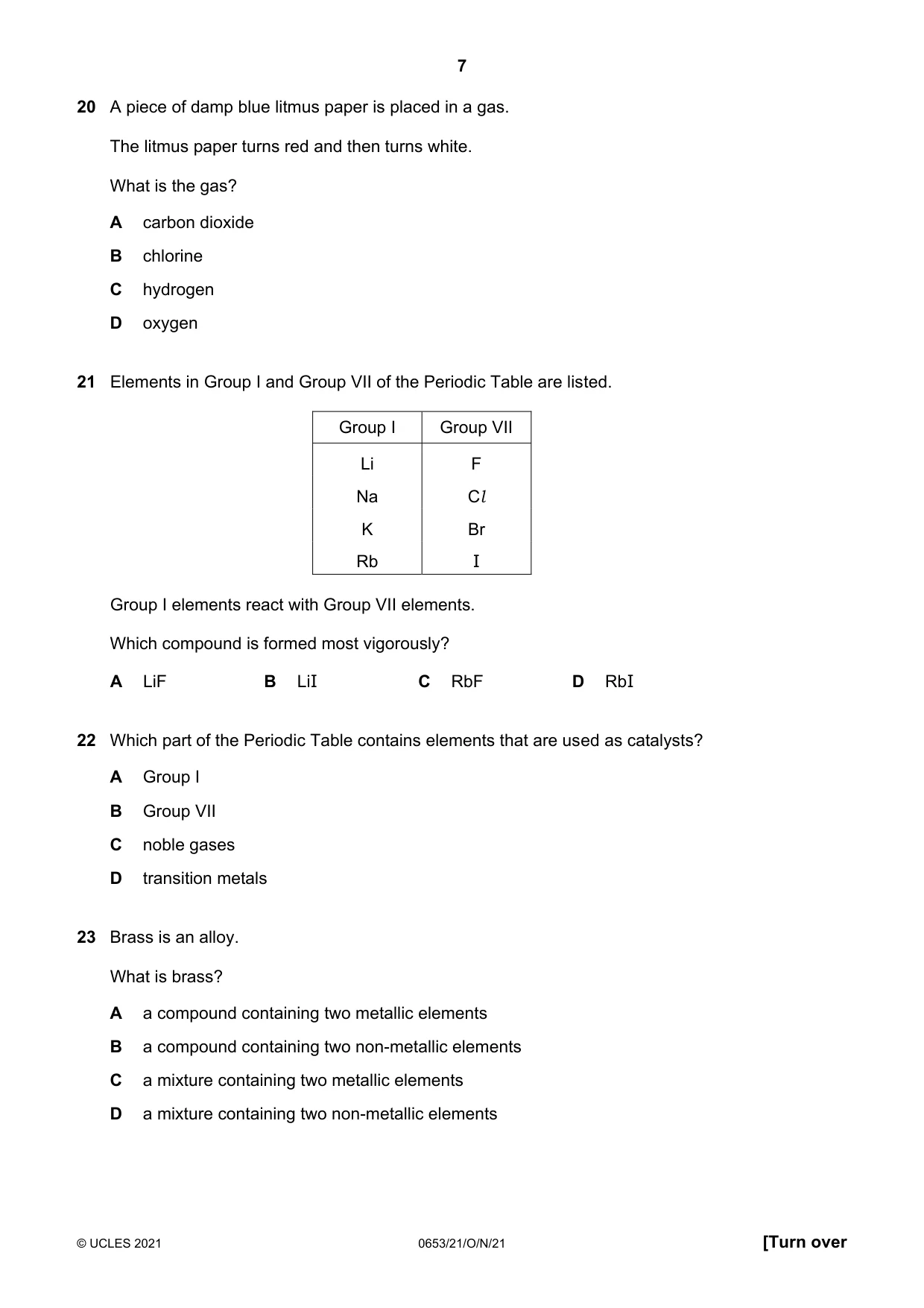 Cambridge IGCSE Science - Combined 0653 2021 Oct/Nov Paper 2 · Variant 1 question paper, page 7 of 16