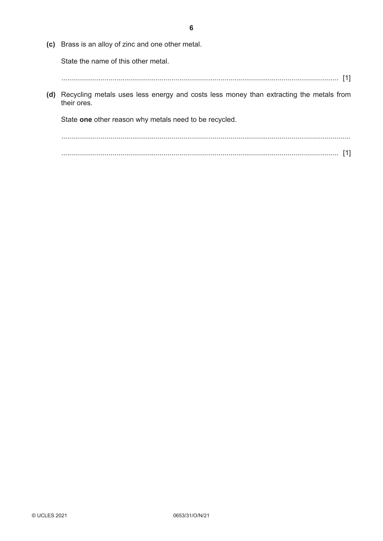Cambridge IGCSE Science - Combined 0653 2021 Oct/Nov Paper 3 · Variant 1 question paper, page 6 of 24