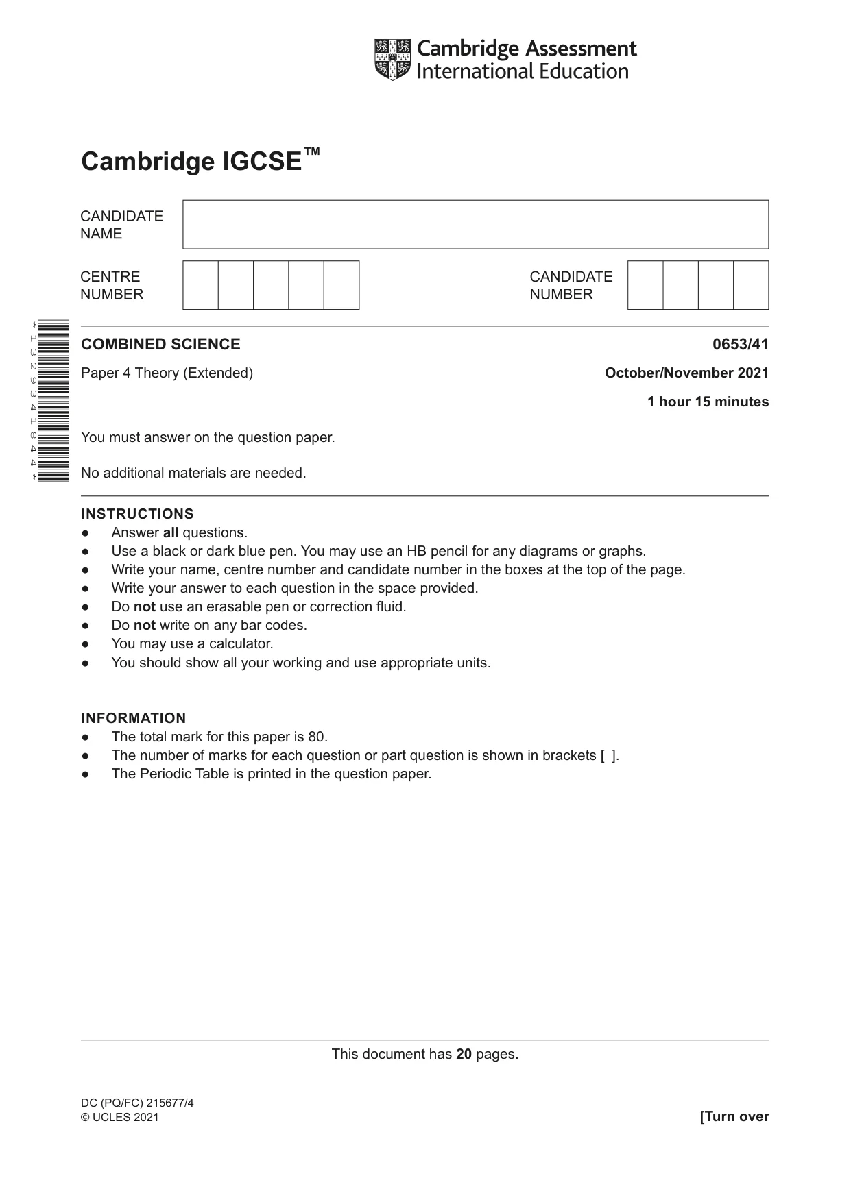 Cambridge IGCSE Science - Combined 0653 2021 Oct/Nov Paper 4 · Variant 1 question paper, page 1 of 20