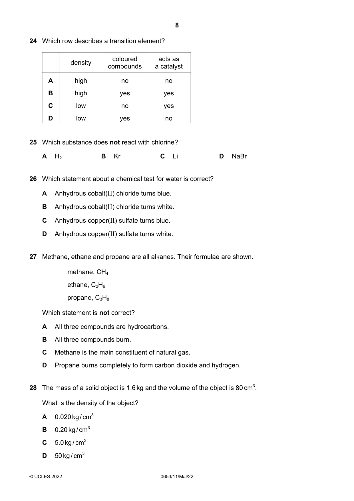 Cambridge IGCSE Science - Combined 0653 2022 May/June Paper 1 · Variant 1 question paper, page 8 of 16