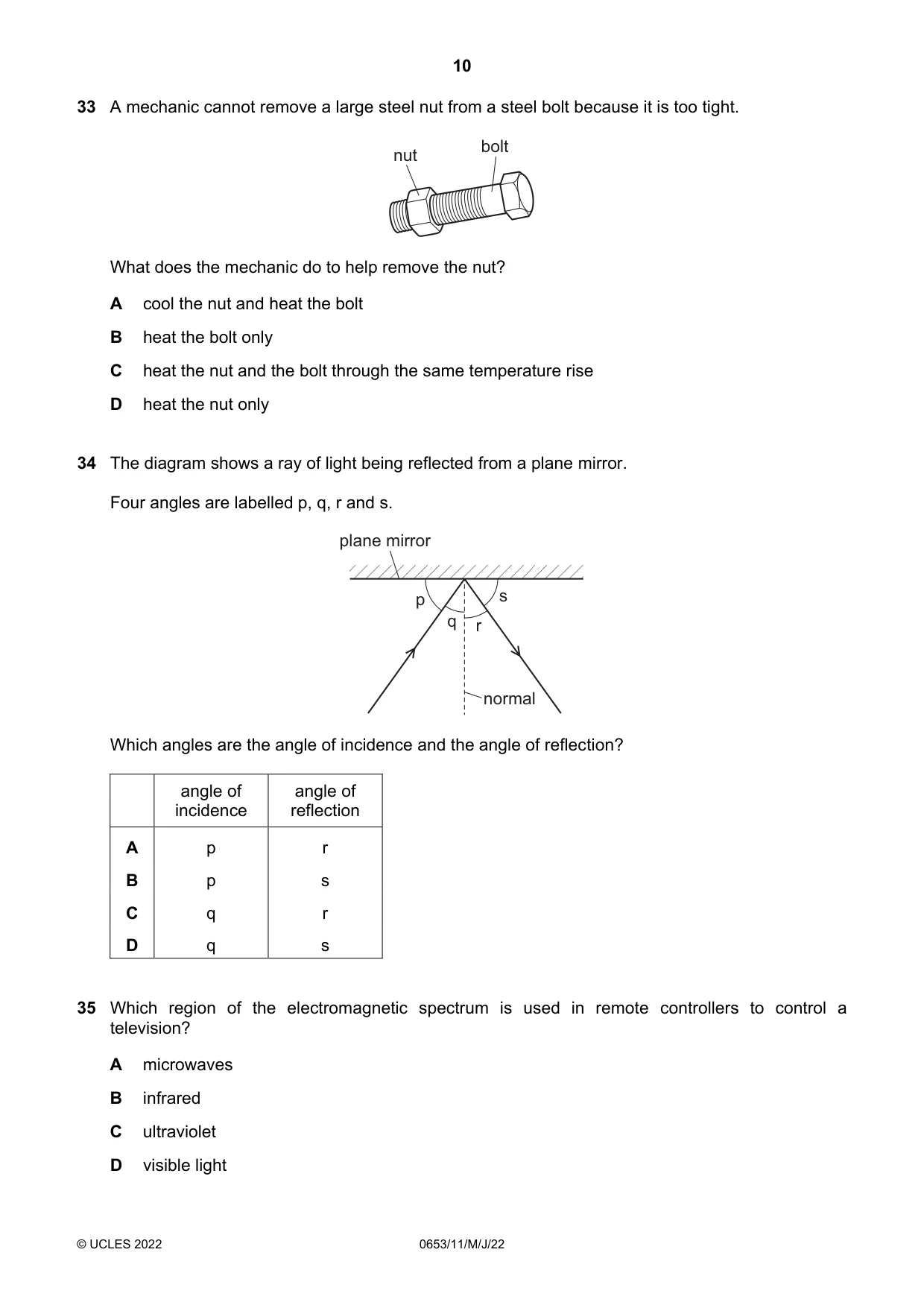 Cambridge IGCSE Science - Combined 0653 2022 May/June Paper 1 · Variant 1 question paper, page 10 of 16