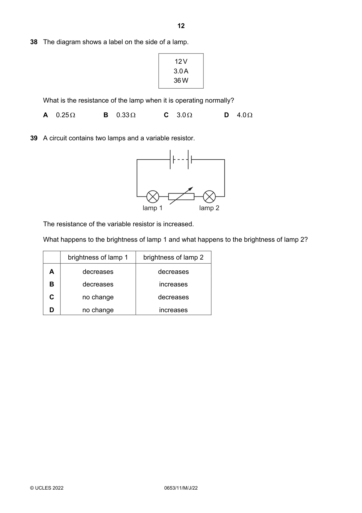 Cambridge IGCSE Science - Combined 0653 2022 May/June Paper 1 · Variant 1 question paper, page 12 of 16