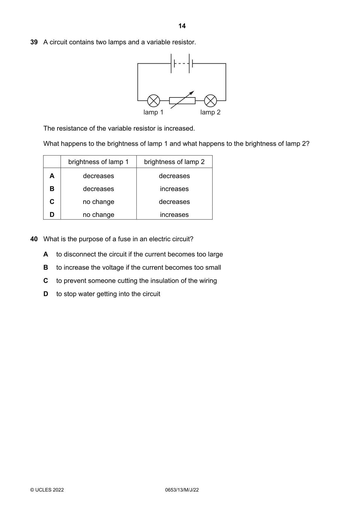 Cambridge IGCSE Science - Combined 0653 2022 May/June Paper 1 · Variant 3 question paper, page 14 of 16