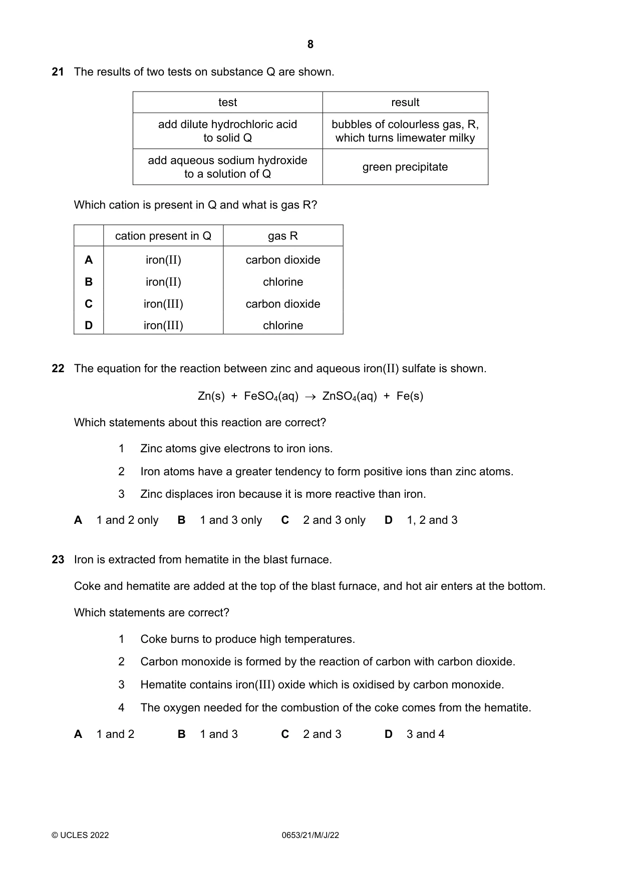 Cambridge IGCSE Science - Combined 0653 2022 May/June Paper 2 · Variant 1 question paper, page 8 of 16