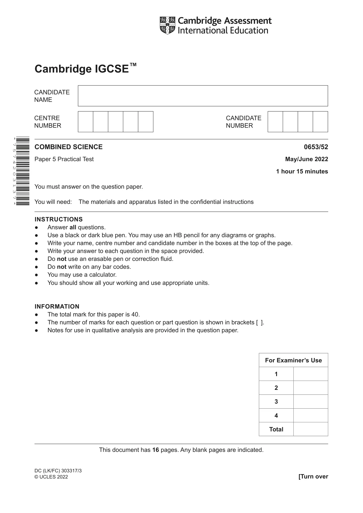 Cambridge IGCSE Science - Combined 0653 2022 May/June Paper 5 · Variant 2 question paper, page 1 of 16