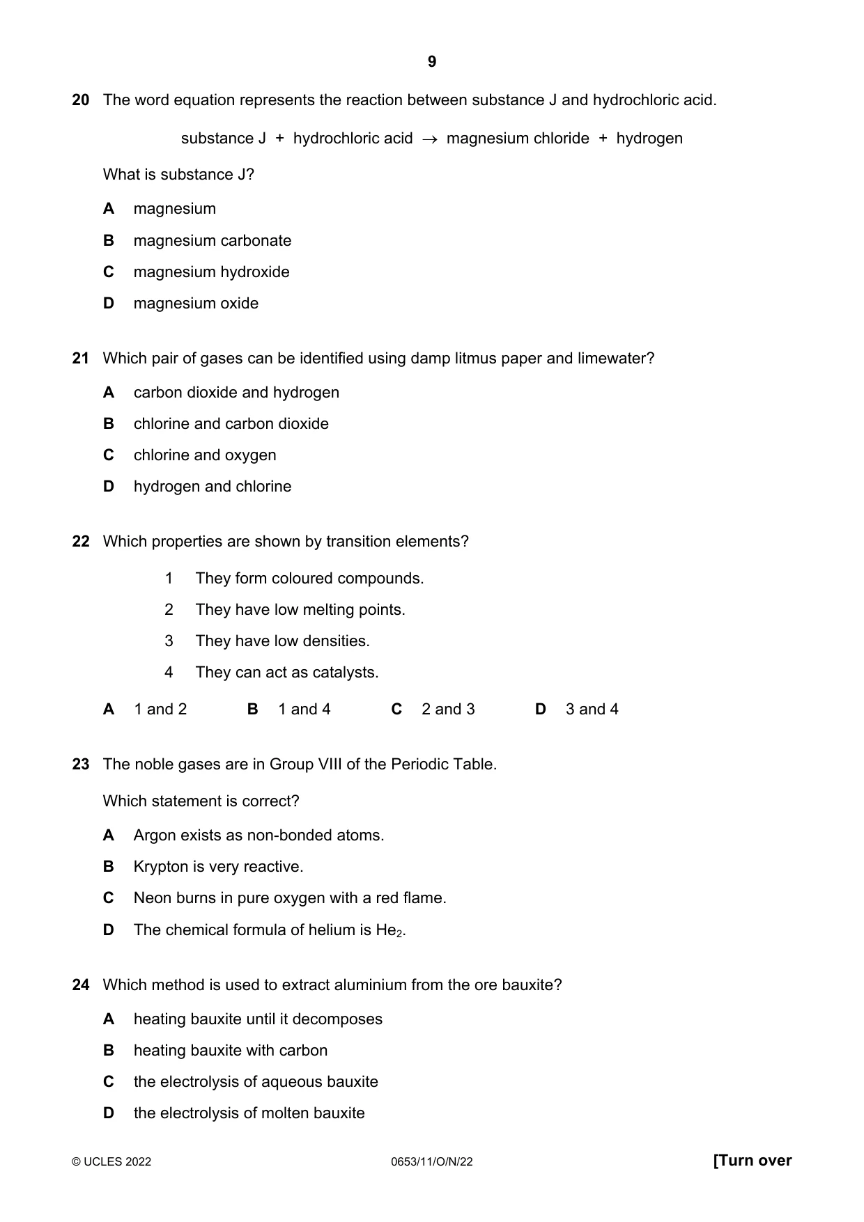 Cambridge IGCSE Science - Combined 0653 2022 Oct/Nov Paper 1 · Variant 1 question paper, page 9 of 16