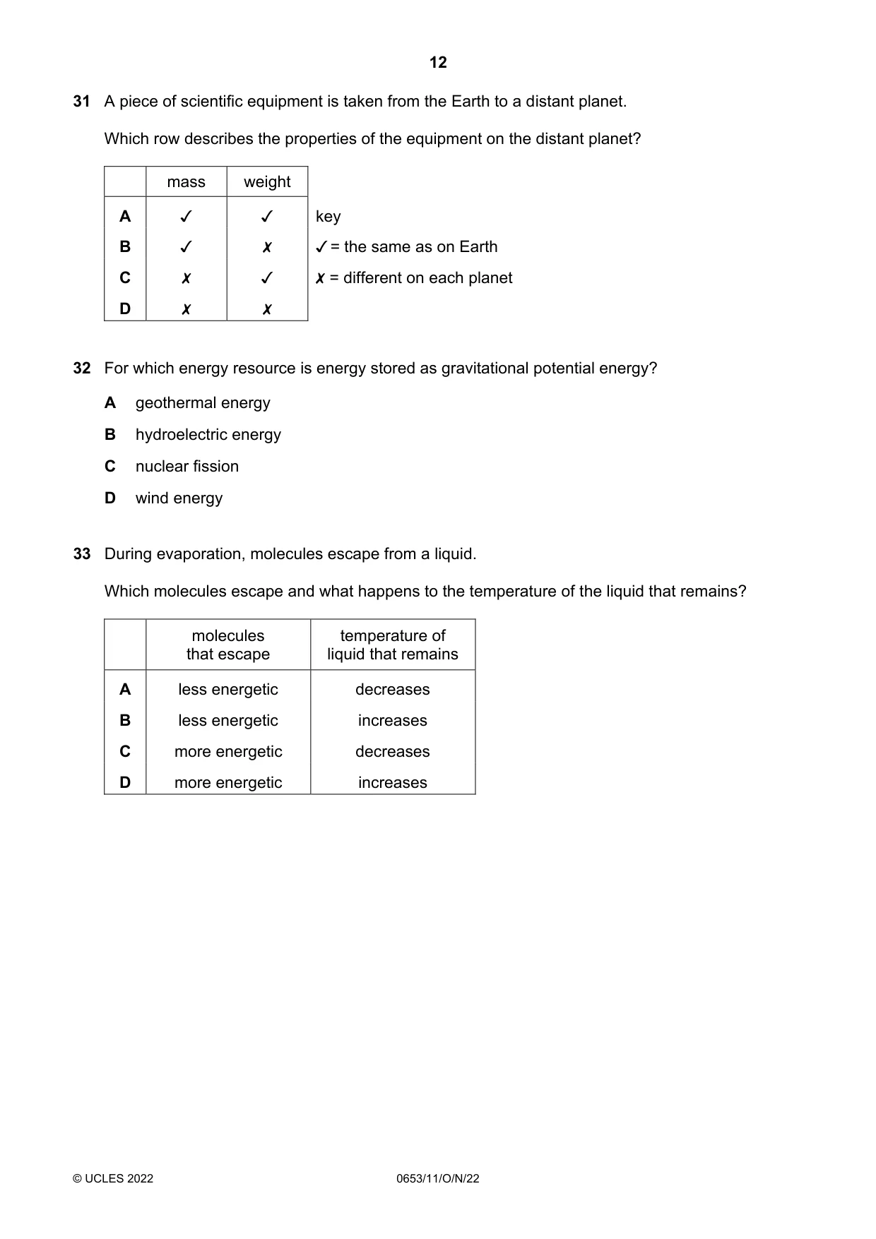 Cambridge IGCSE Science - Combined 0653 2022 Oct/Nov Paper 1 · Variant 1 question paper, page 12 of 16