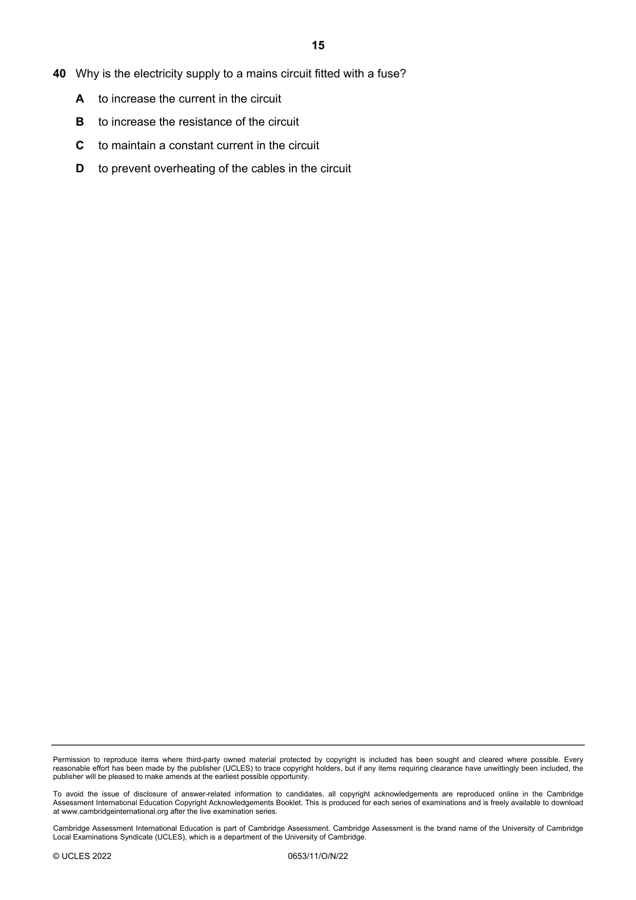 Cambridge IGCSE Science - Combined 0653 2022 Oct/Nov Paper 1 · Variant 1 question paper, page 15 of 16