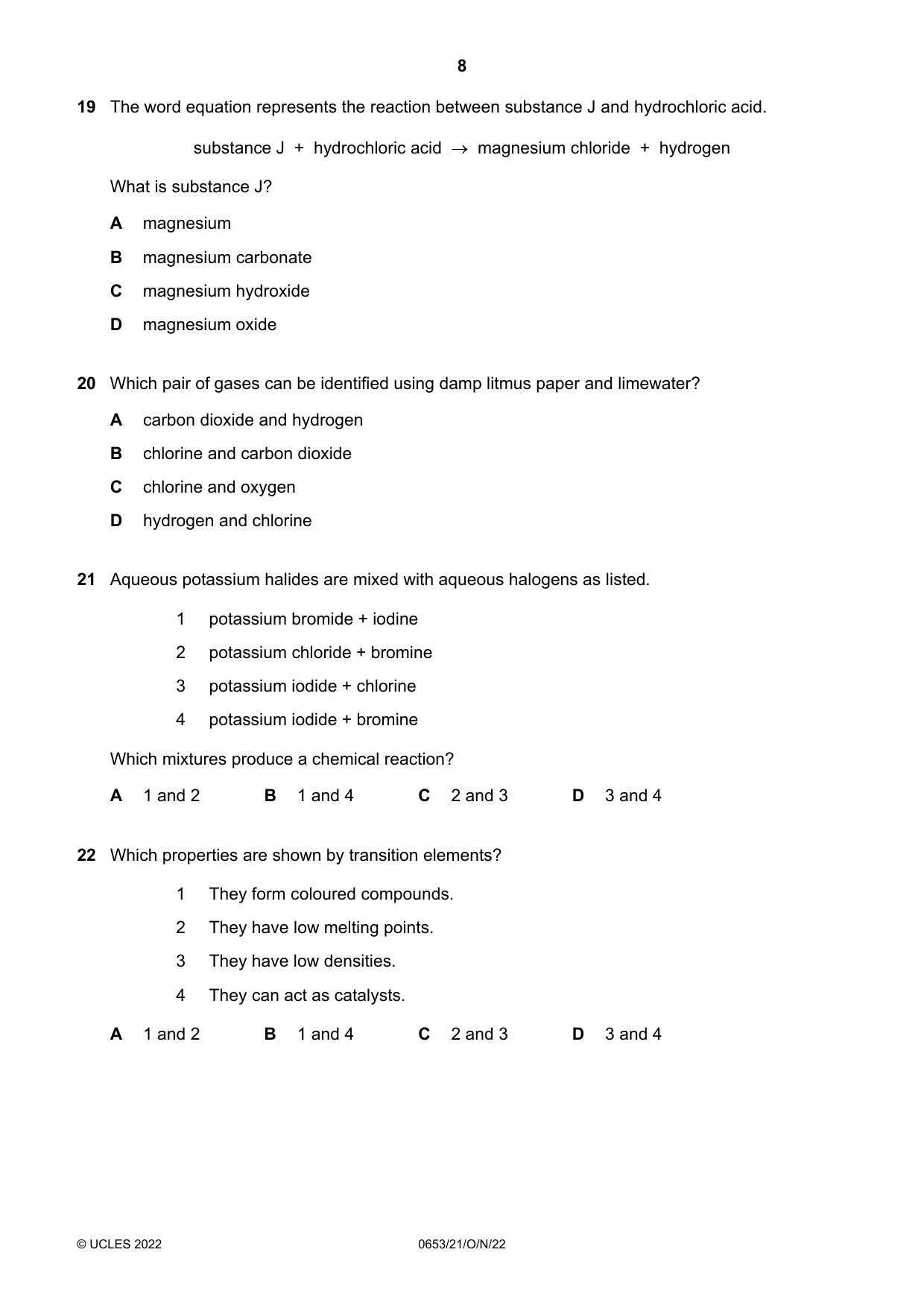 Cambridge IGCSE Science - Combined 0653 2022 Oct/Nov Paper 2 · Variant 1 question paper, page 8 of 16