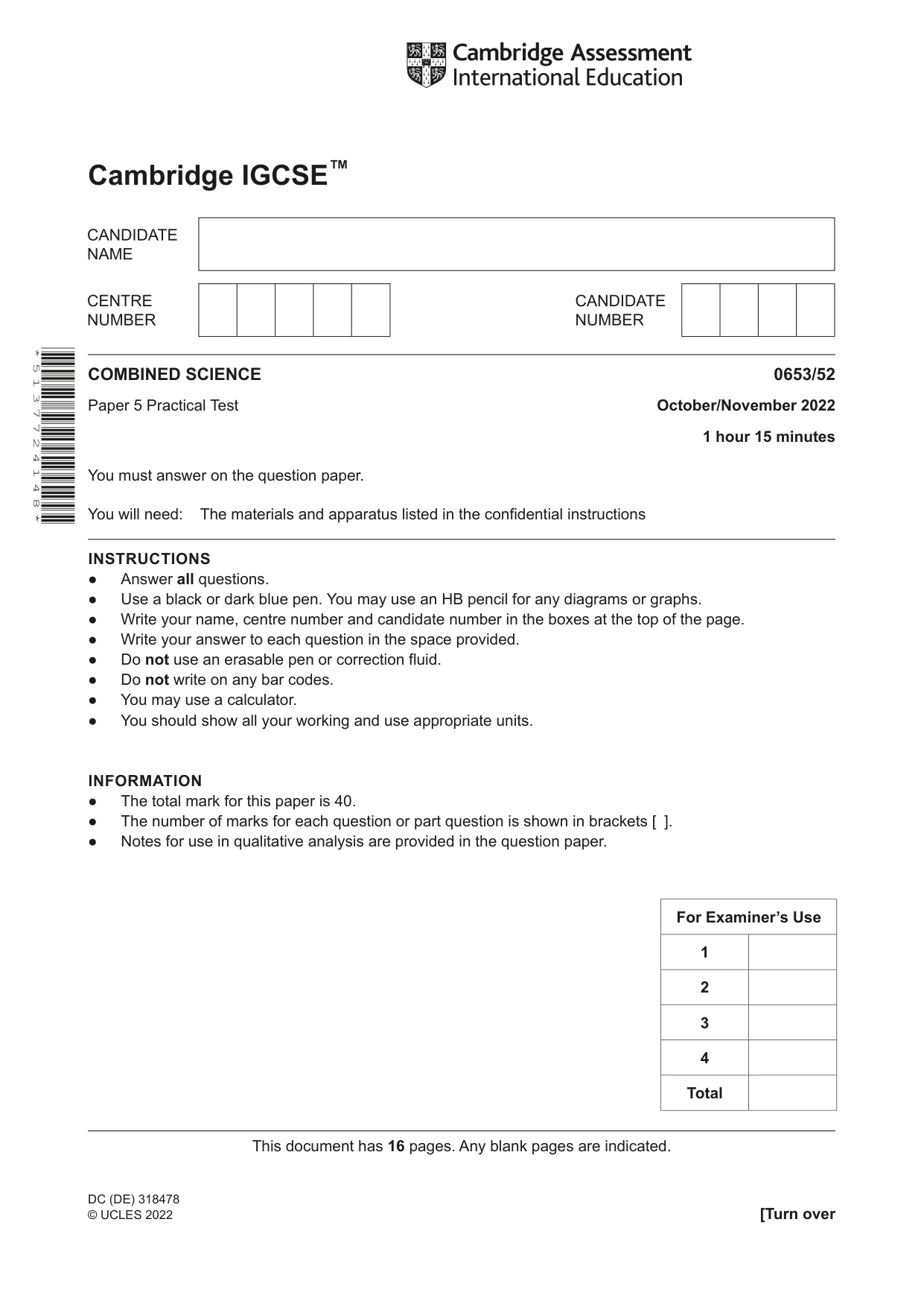 Cambridge IGCSE Science - Combined 0653 2022 Oct/Nov Paper 5 · Variant 2 question paper, page 1 of 16