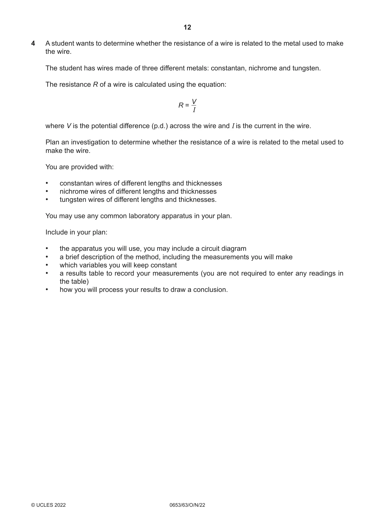 Cambridge IGCSE Science - Combined 0653 2022 Oct/Nov Paper 6 · Variant 3 question paper, page 12 of 16