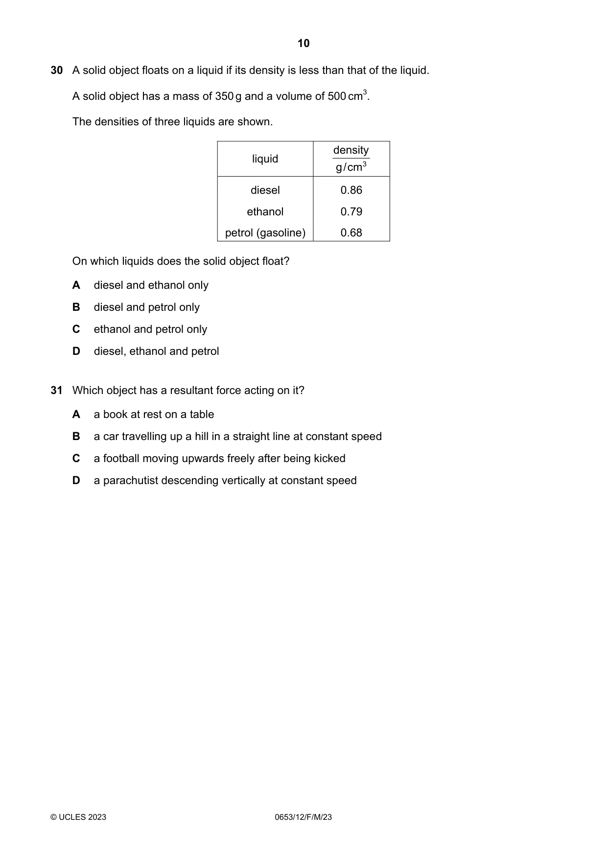 Cambridge IGCSE Science - Combined 0653 2023 Feb/March Paper 1 · Variant 2 question paper, page 10 of 16