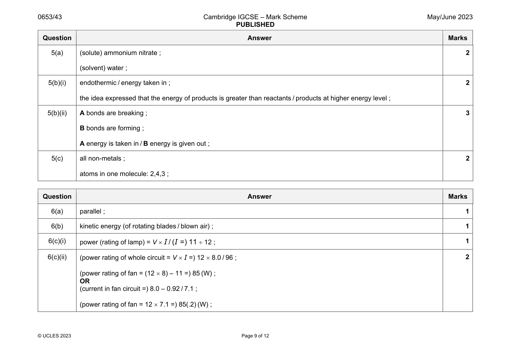 Mark scheme, page 9 of 12