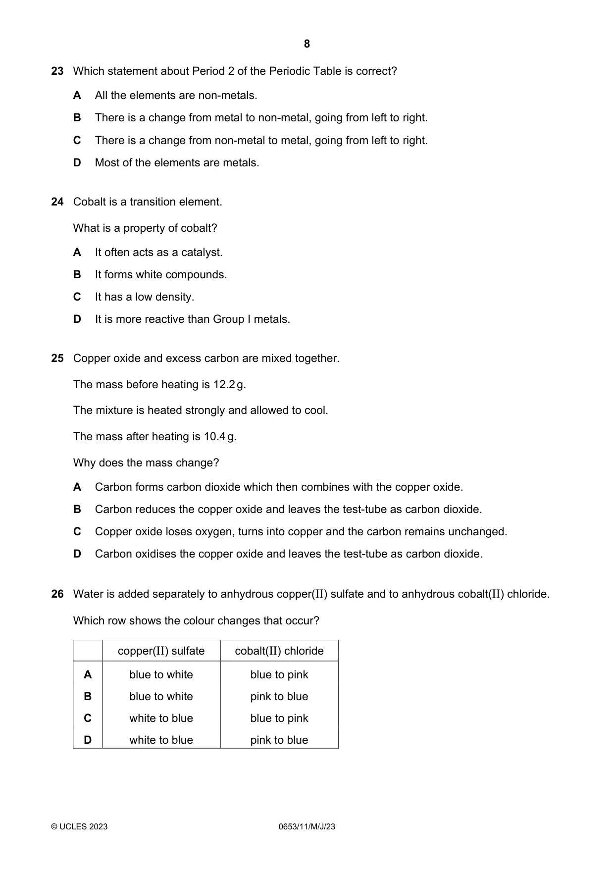 Cambridge IGCSE Science - Combined 0653 2023 May/June Paper 1 · Variant 1 question paper, page 8 of 16
