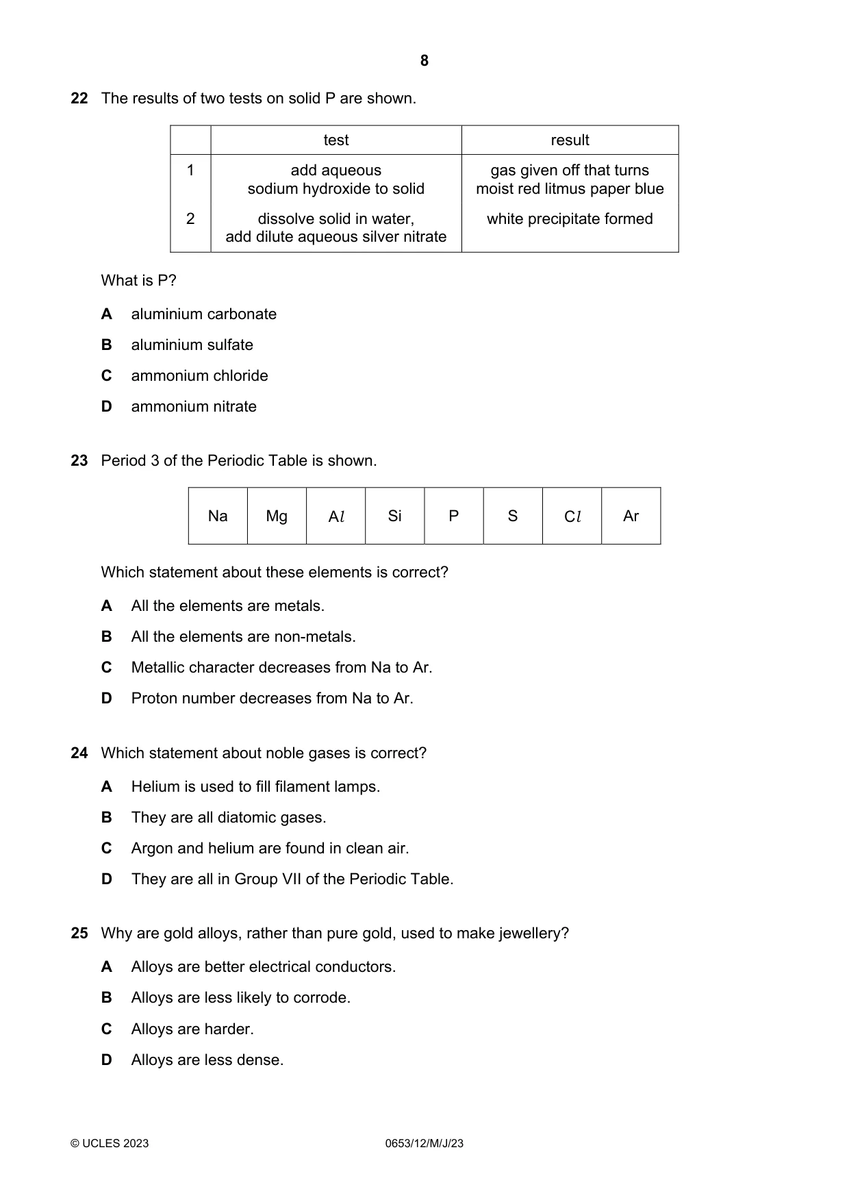 Cambridge IGCSE Science - Combined 0653 2023 May/June Paper 1 · Variant 2 question paper, page 8 of 16
