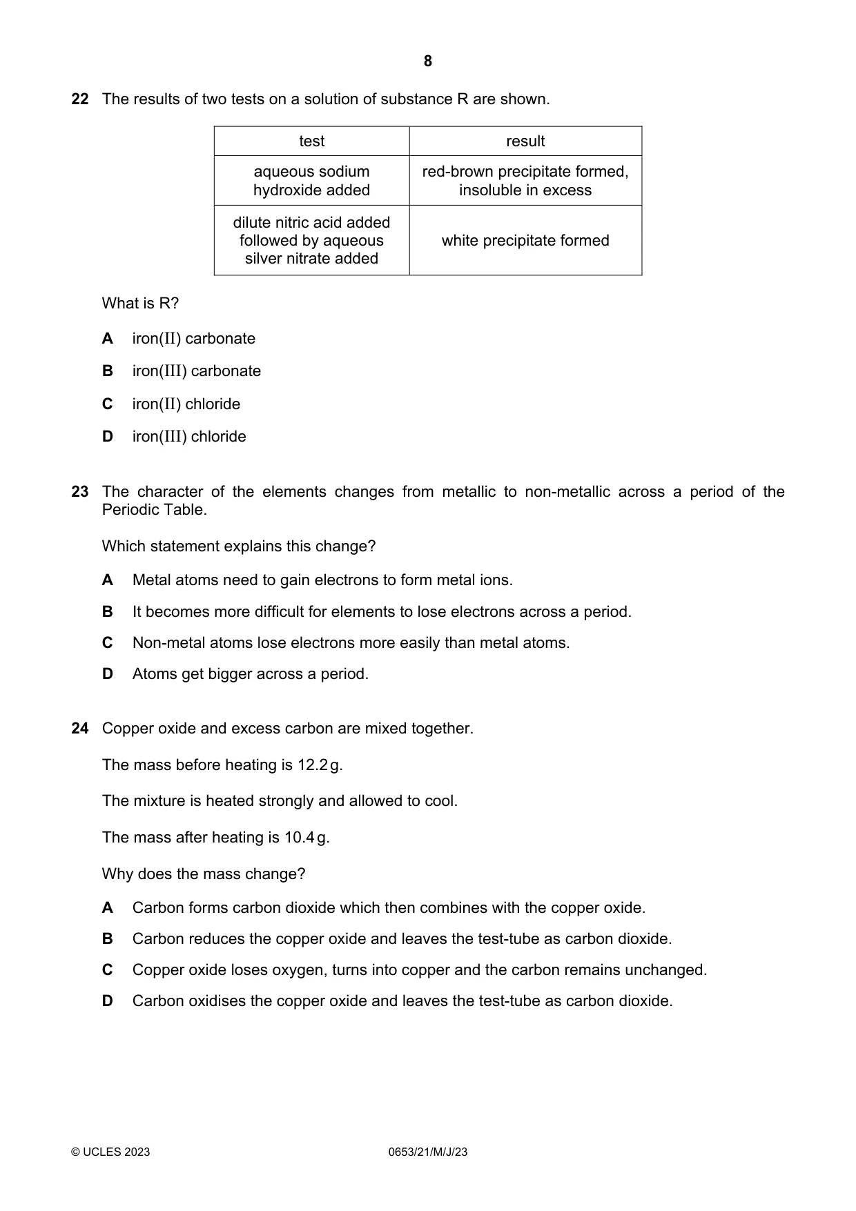 Cambridge IGCSE Science - Combined 0653 2023 May/June Paper 2 · Variant 1 question paper, page 8 of 16