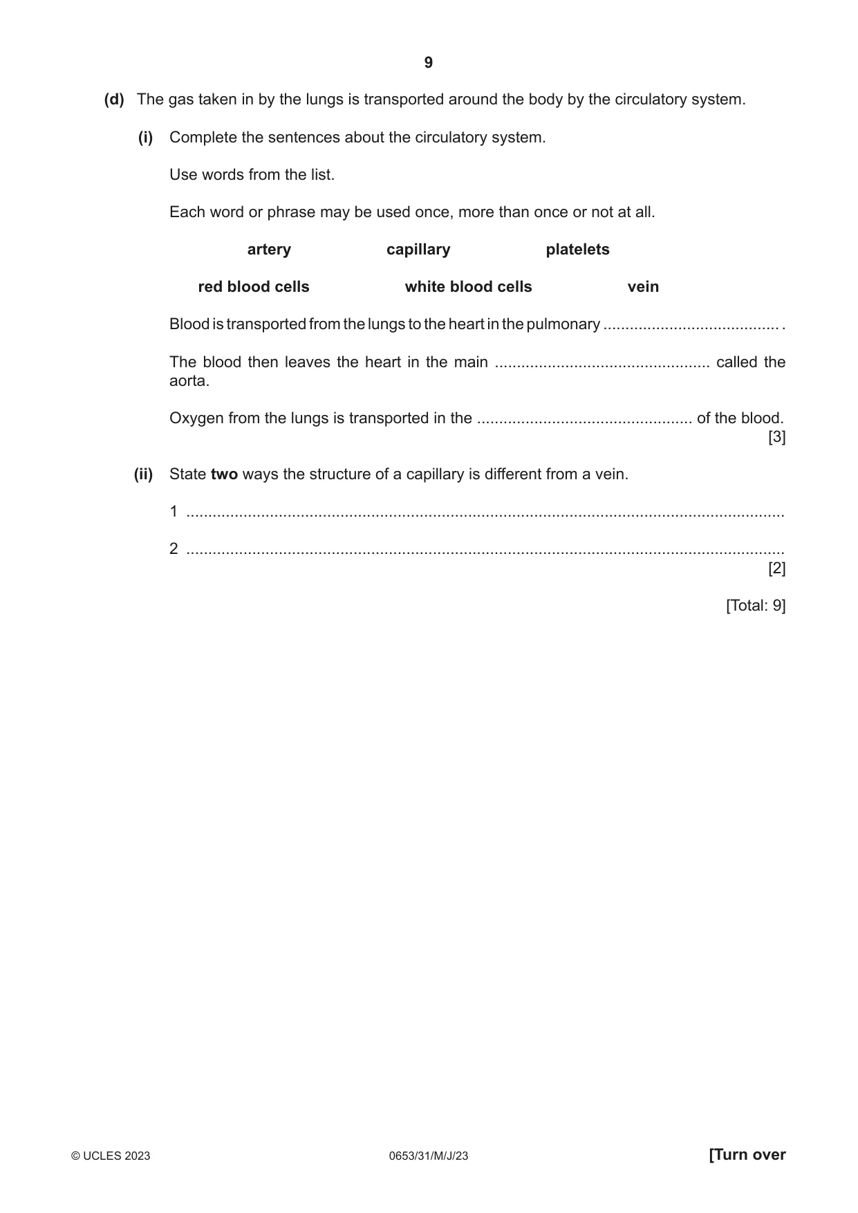 Cambridge IGCSE Science - Combined 0653 2023 May/June Paper 3 · Variant 1 question paper, page 9 of 20