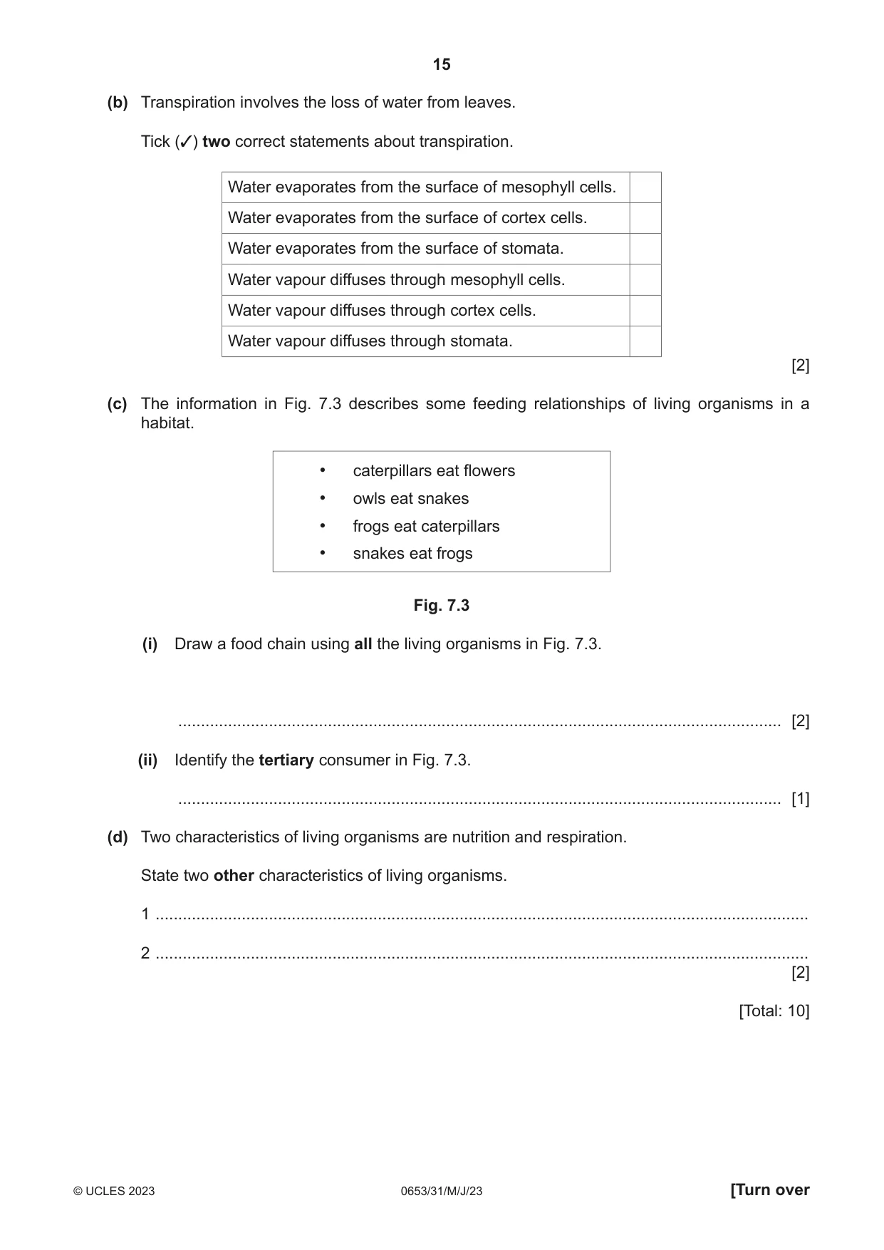 Cambridge IGCSE Science - Combined 0653 2023 May/June Paper 3 · Variant 1 question paper, page 15 of 20