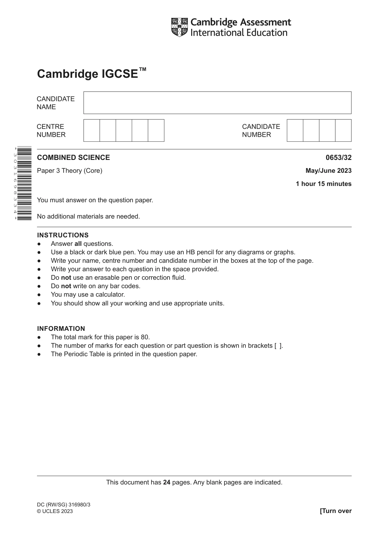Cambridge IGCSE Science - Combined 0653 2023 May/June Paper 3 · Variant 2 question paper, page 1 of 24