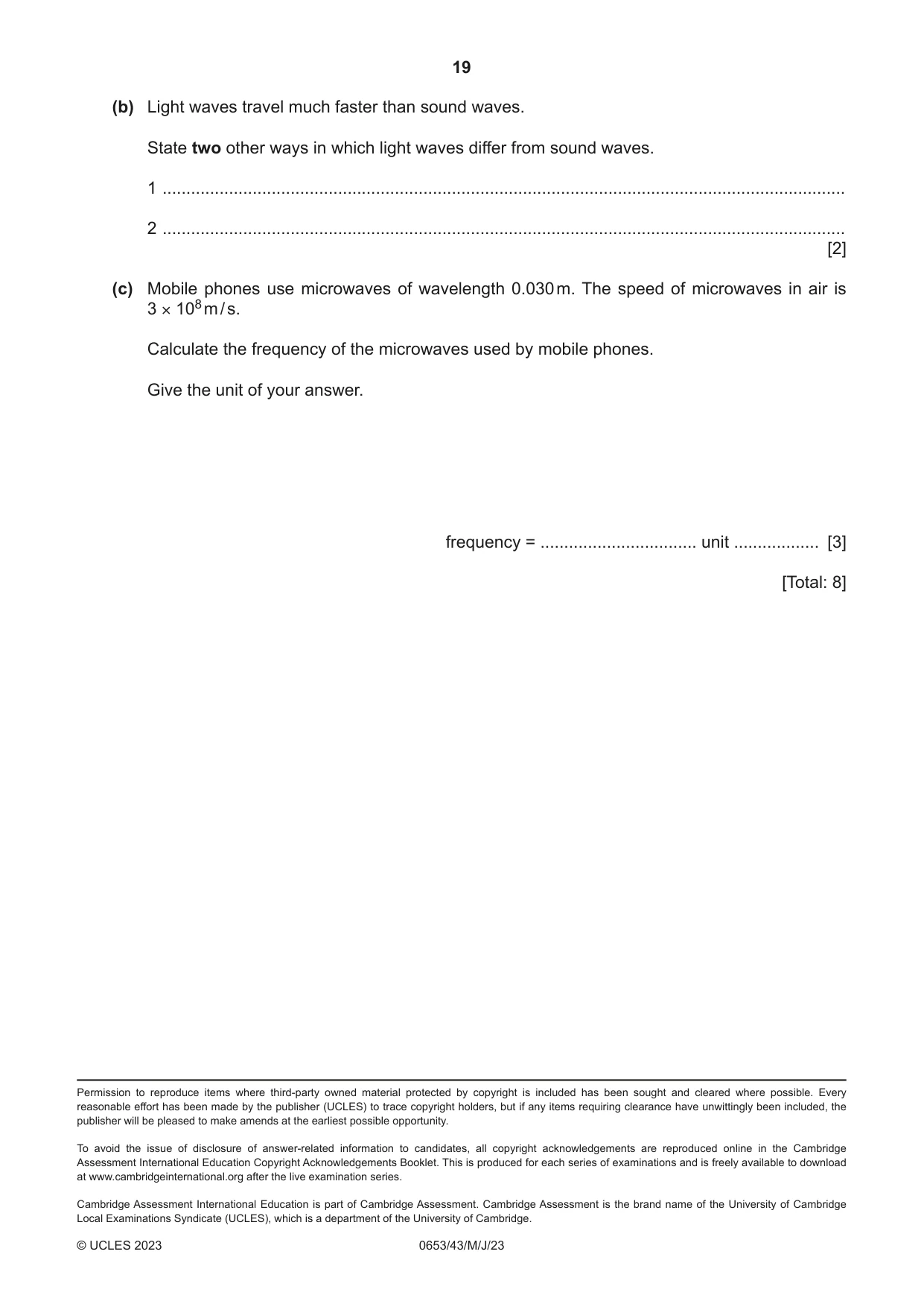 Cambridge IGCSE Science - Combined 0653 2023 May/June Paper 4 · Variant 3 question paper, page 19 of 20