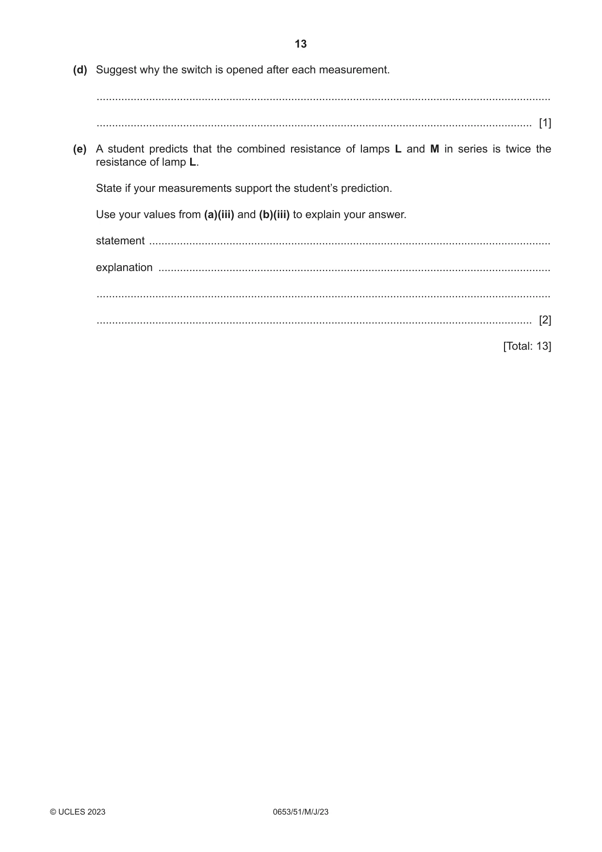 Cambridge IGCSE Science - Combined 0653 2023 May/June Paper 5 · Variant 1 question paper, page 13 of 16