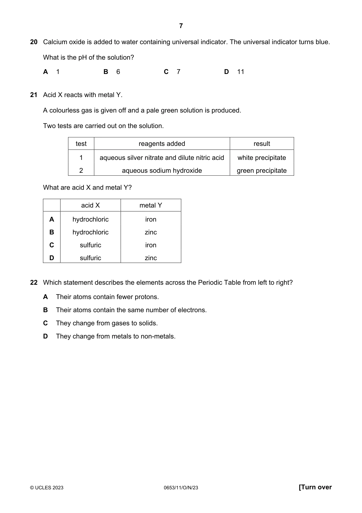 Cambridge IGCSE Science - Combined 0653 2023 Oct/Nov Paper 1 · Variant 1 question paper, page 7 of 16
