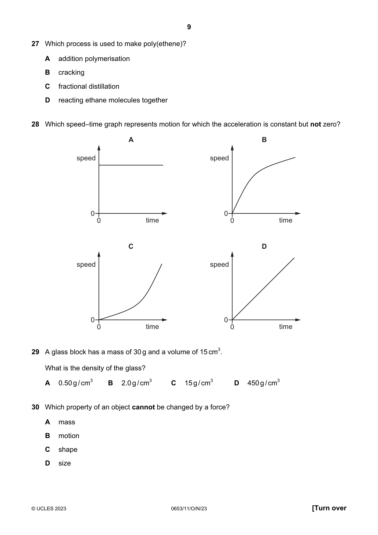 Cambridge IGCSE Science - Combined 0653 2023 Oct/Nov Paper 1 · Variant 1 question paper, page 9 of 16