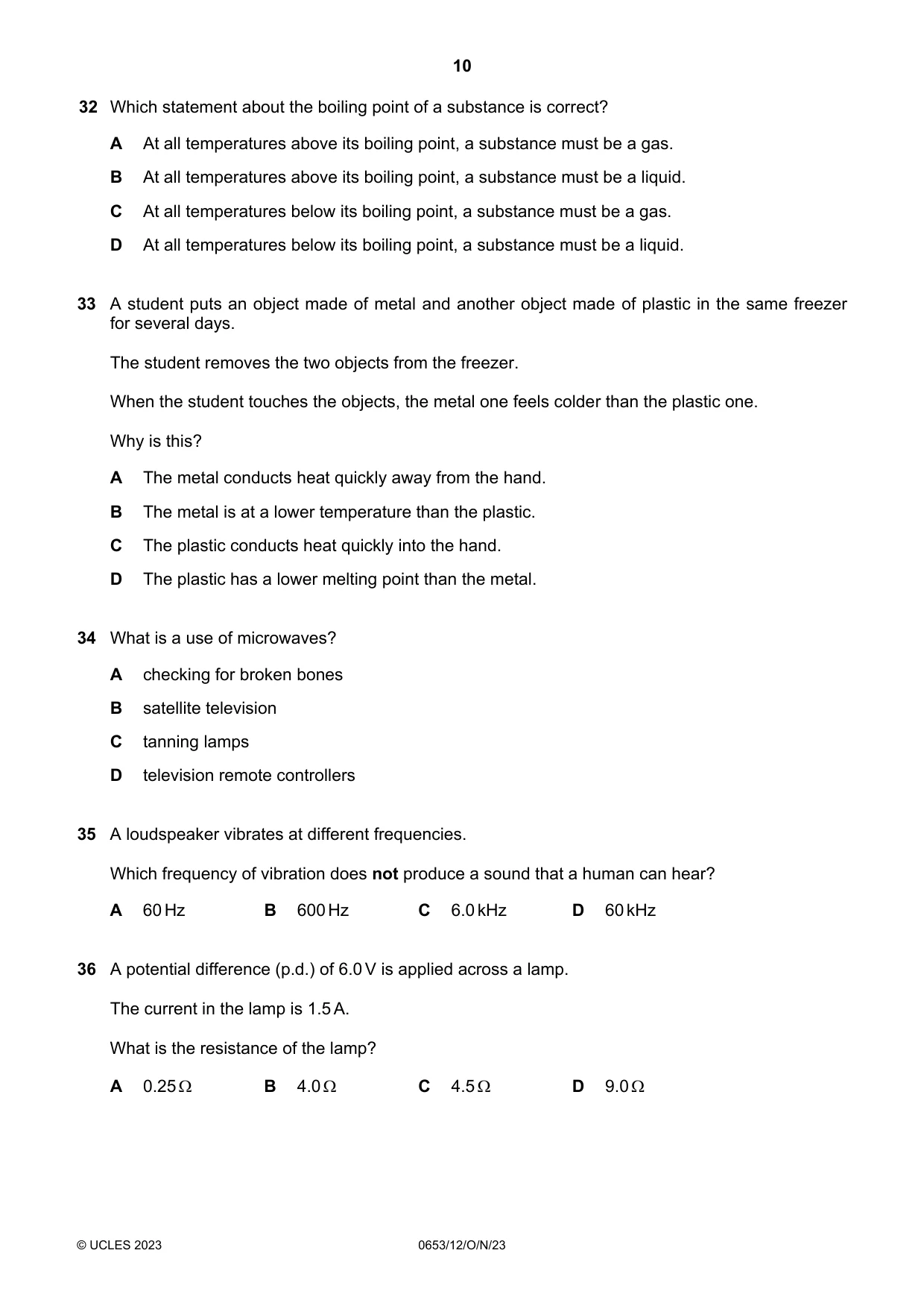Cambridge IGCSE Science - Combined 0653 2023 Oct/Nov Paper 1 · Variant 2 question paper, page 10 of 12