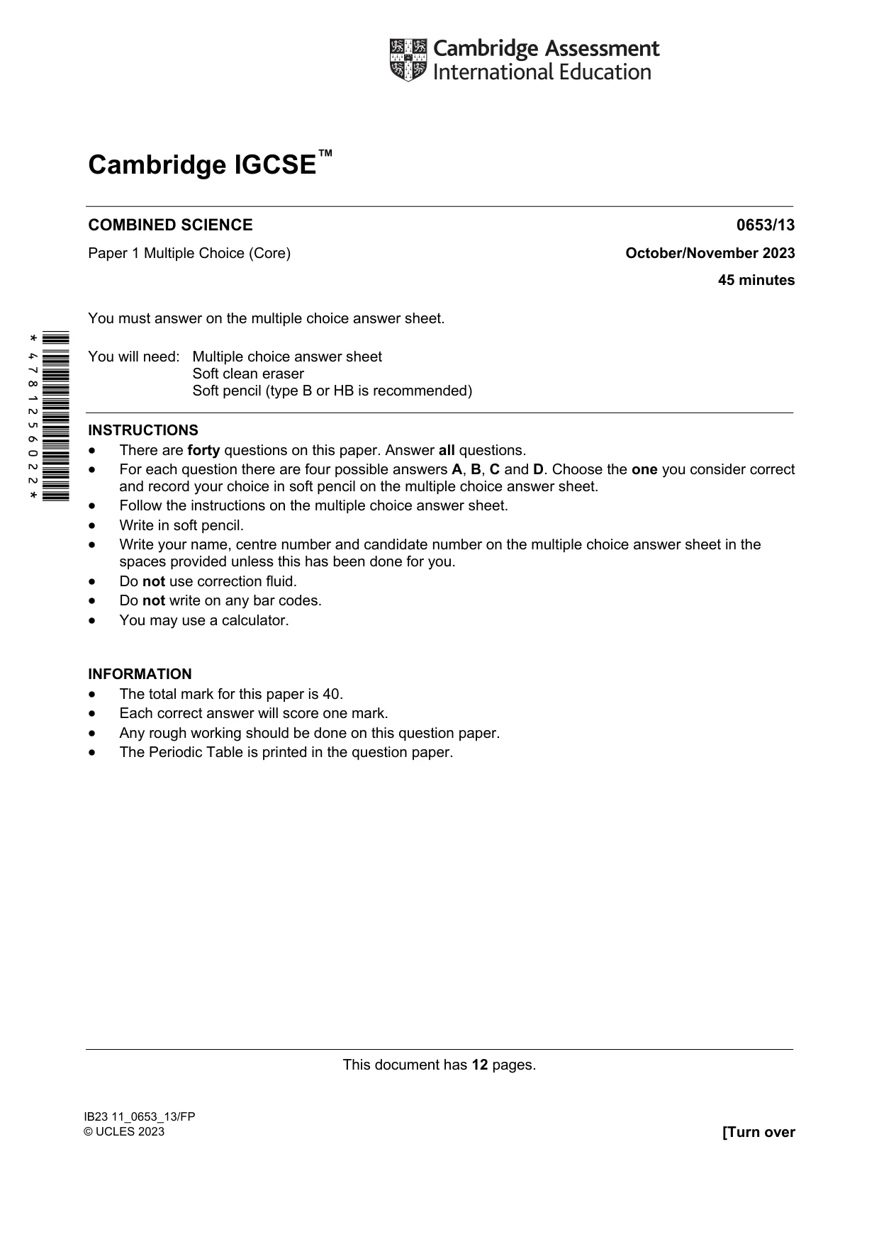 Cambridge IGCSE Science - Combined 0653 2023 Oct/Nov Paper 1 · Variant 3 question paper, page 1 of 12
