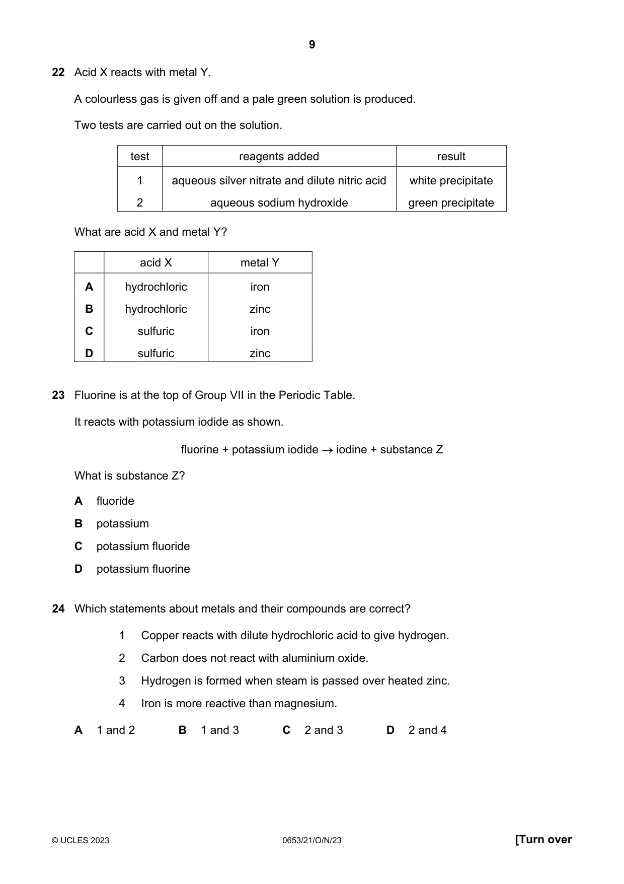 Cambridge IGCSE Science - Combined 0653 2023 Oct/Nov Paper 2 · Variant 1 question paper, page 9 of 16