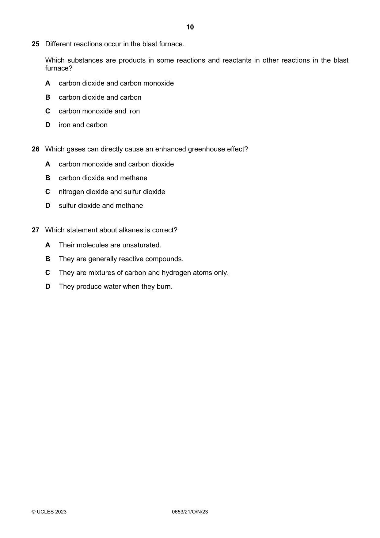 Cambridge IGCSE Science - Combined 0653 2023 Oct/Nov Paper 2 · Variant 1 question paper, page 10 of 16