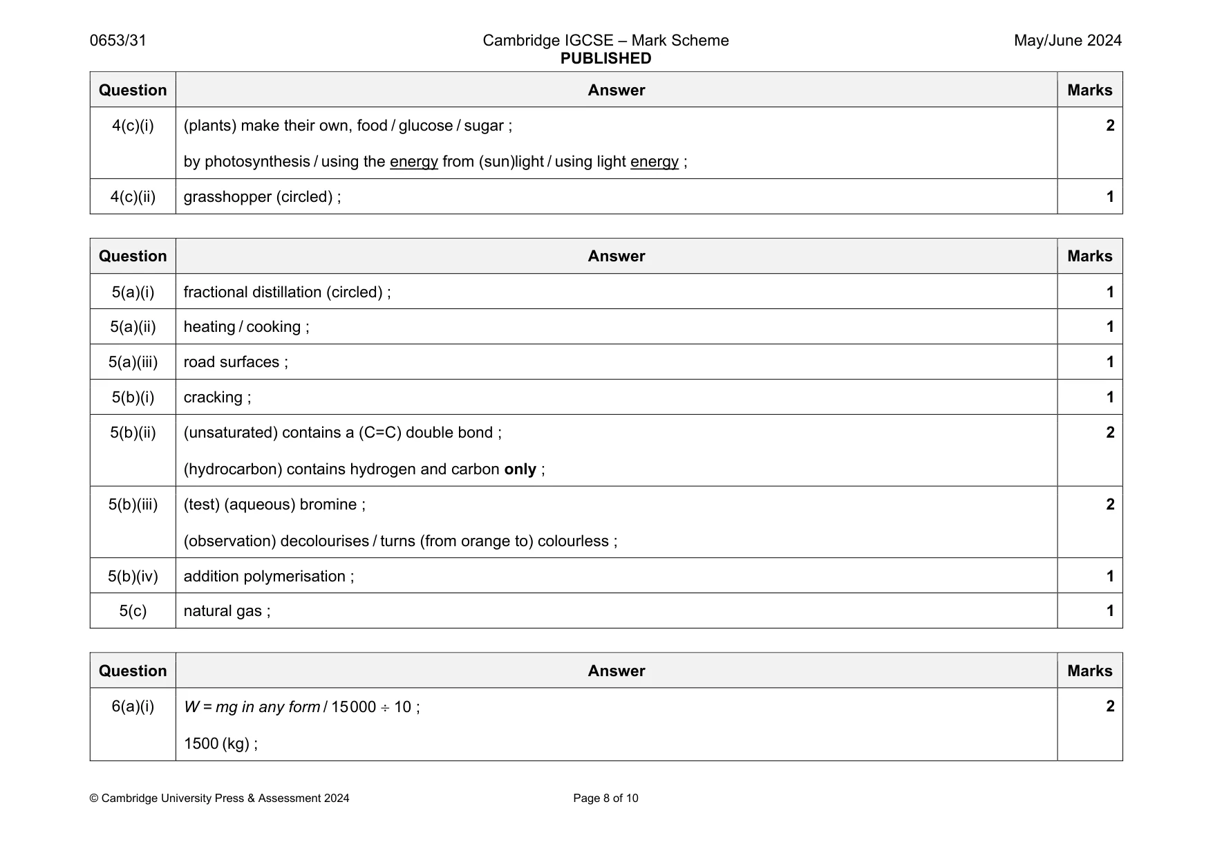 Mark scheme, page 8 of 10