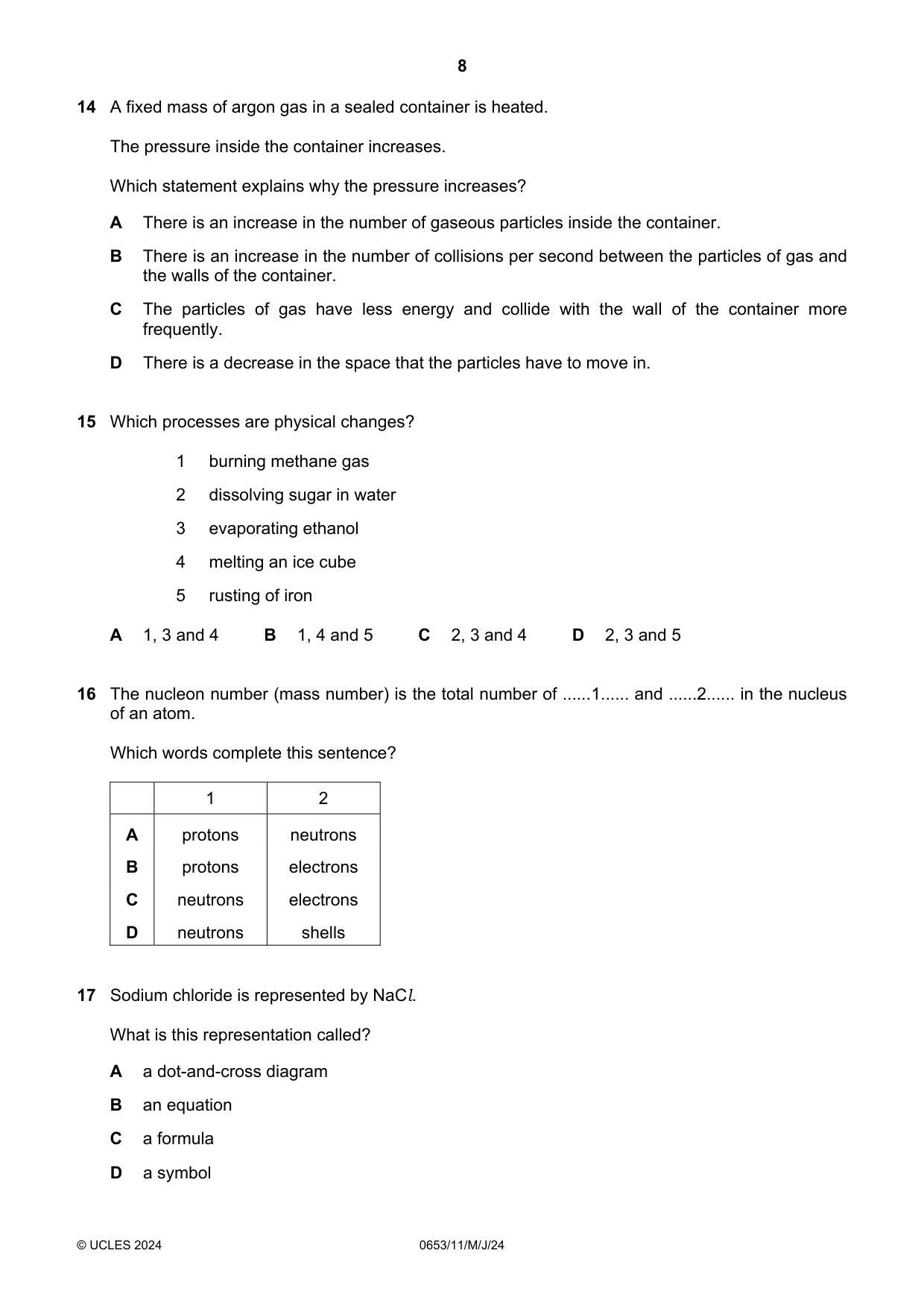 Cambridge IGCSE Science - Combined 0653 2024 May/June Paper 1 · Variant 1 question paper, page 8 of 16