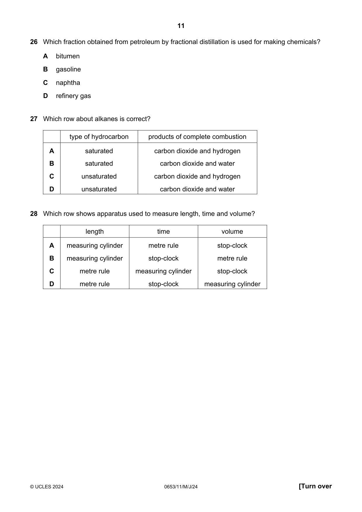 Cambridge IGCSE Science - Combined 0653 2024 May/June Paper 1 · Variant 1 question paper, page 11 of 16