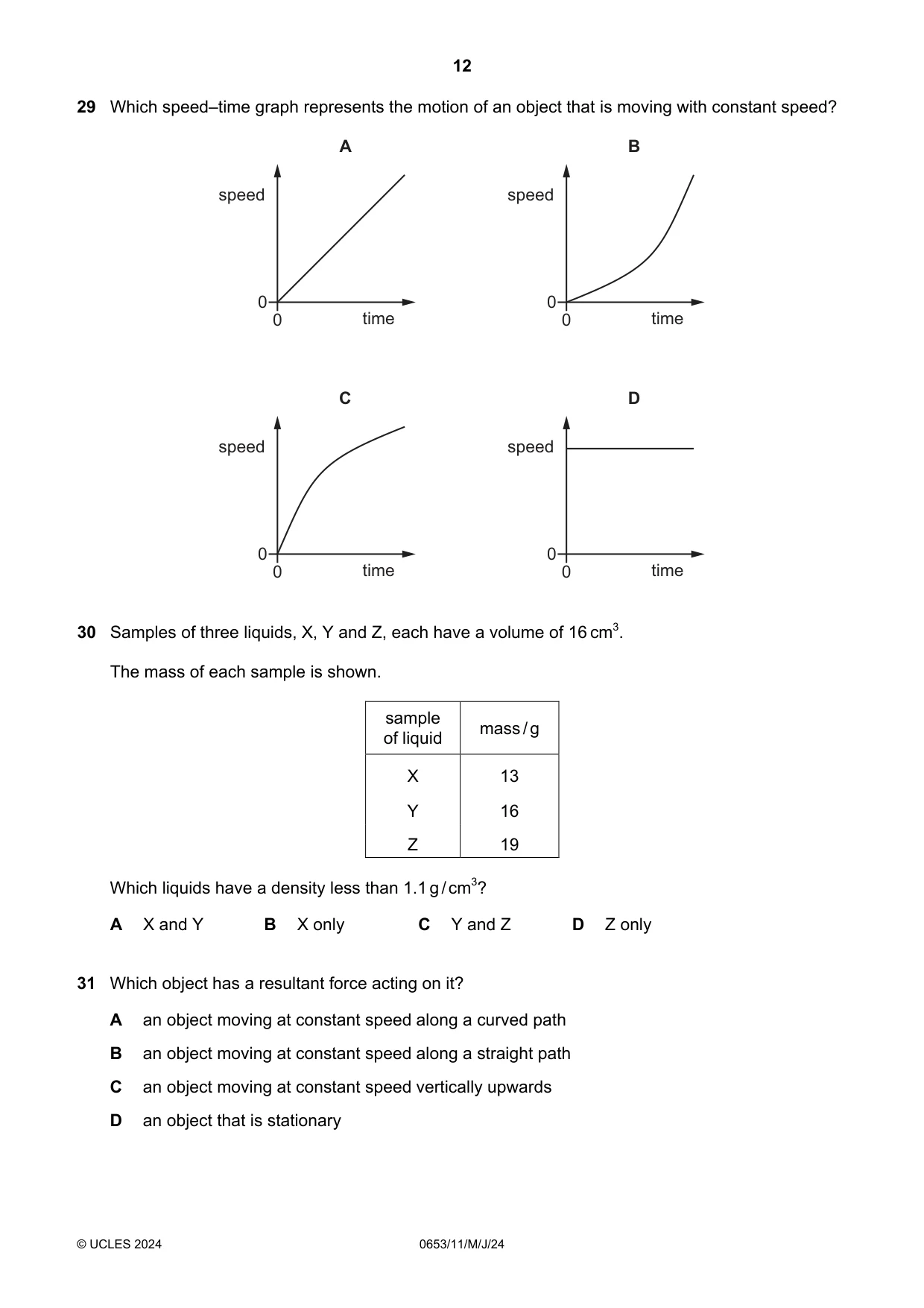 Cambridge IGCSE Science - Combined 0653 2024 May/June Paper 1 · Variant 1 question paper, page 12 of 16