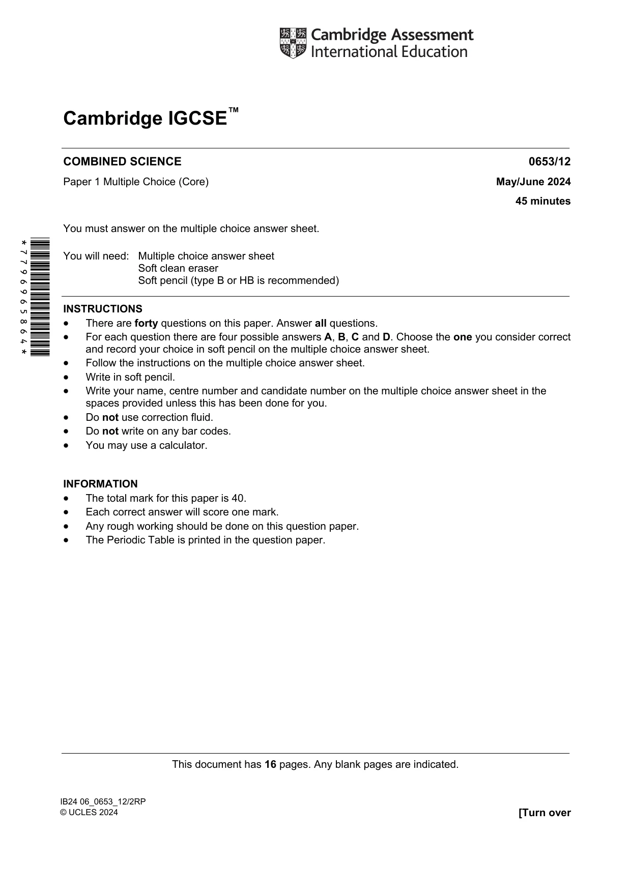 Cambridge IGCSE Science - Combined 0653 2024 May/June Paper 1 · Variant 2 question paper, page 1 of 16