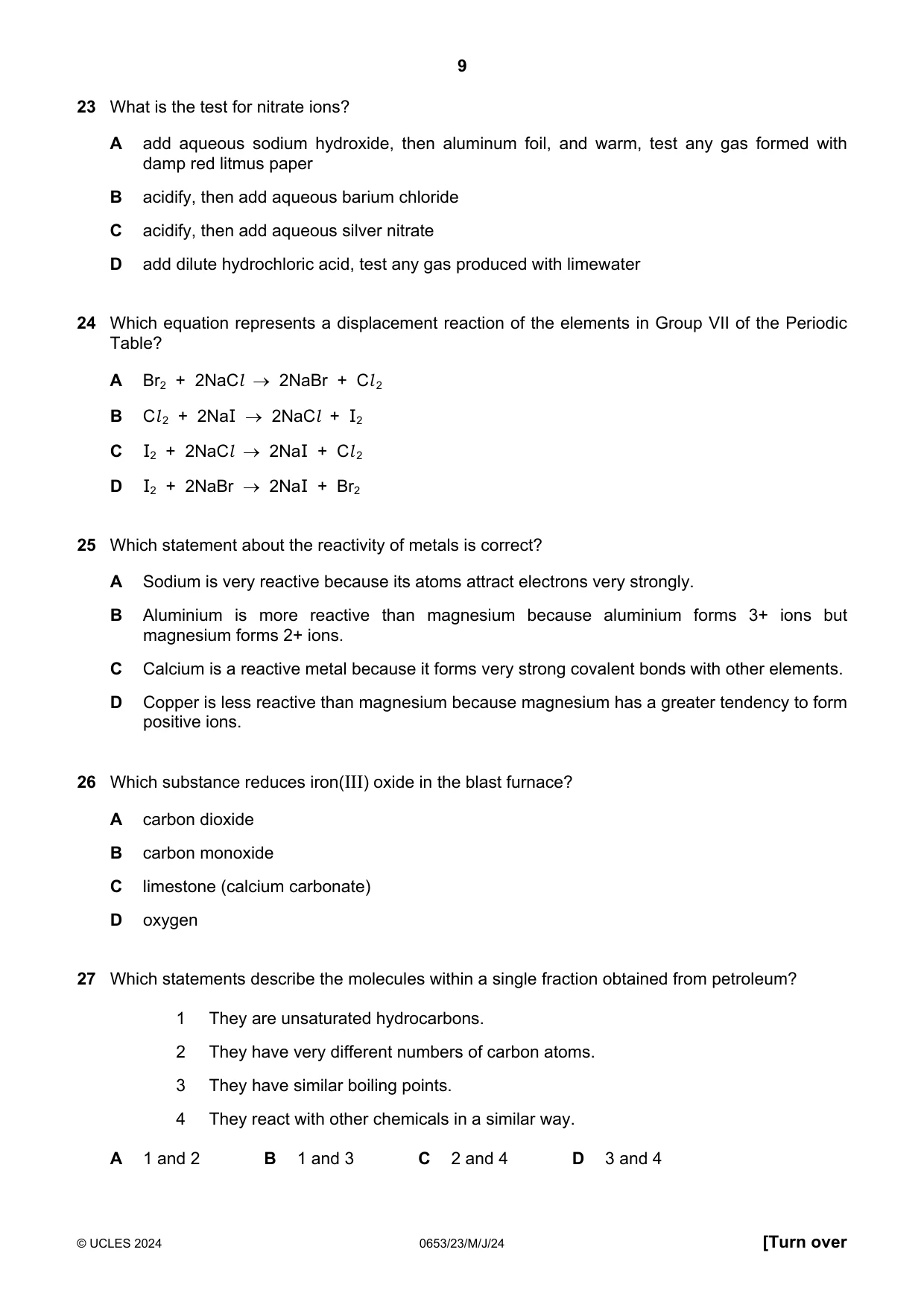 Cambridge IGCSE Science - Combined 0653 2024 May/June Paper 2 · Variant 3 question paper, page 9 of 16